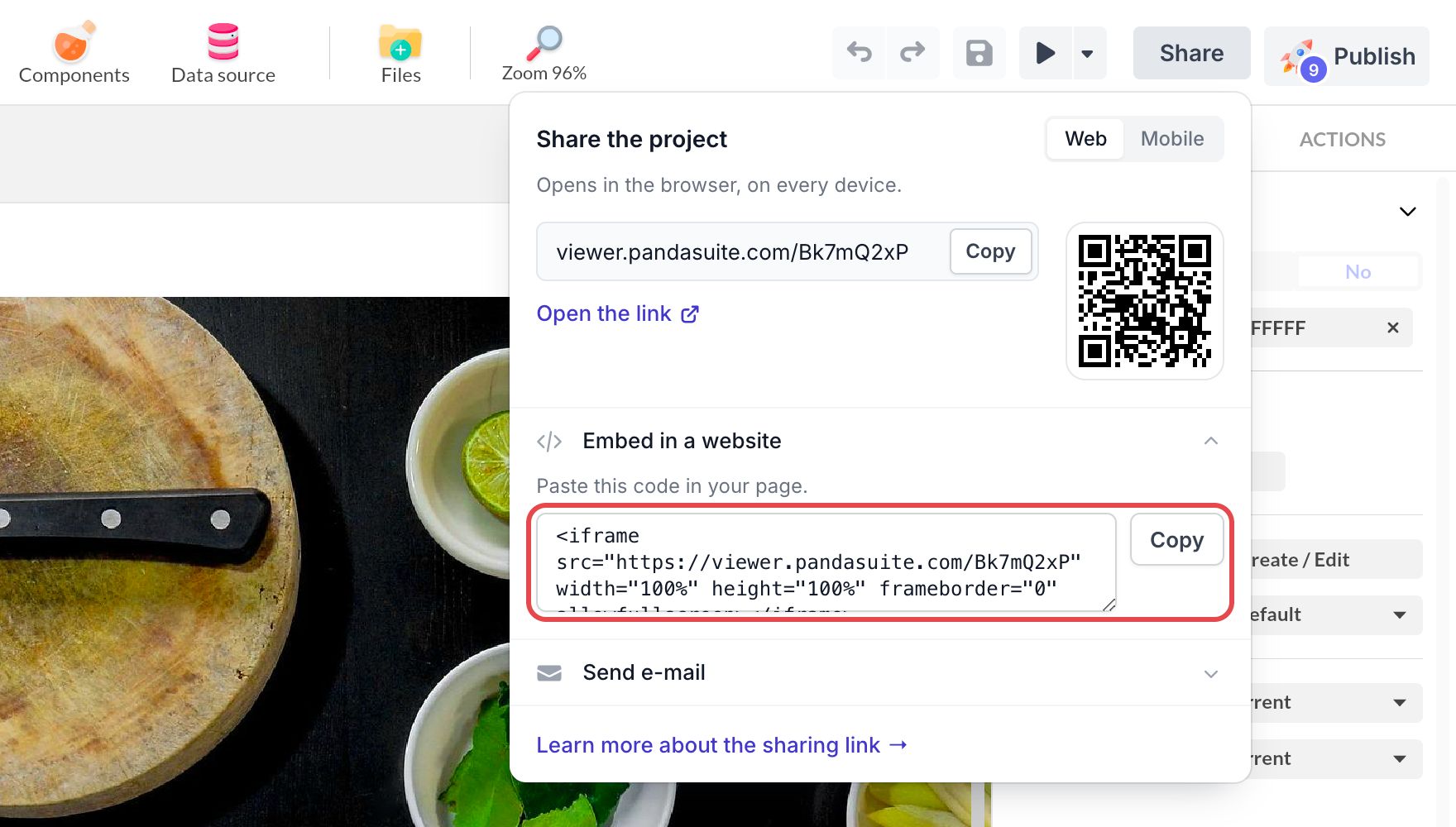 Embed in a website row expanded in the Share the project window: the iframe code of the project and its Copy button are framed