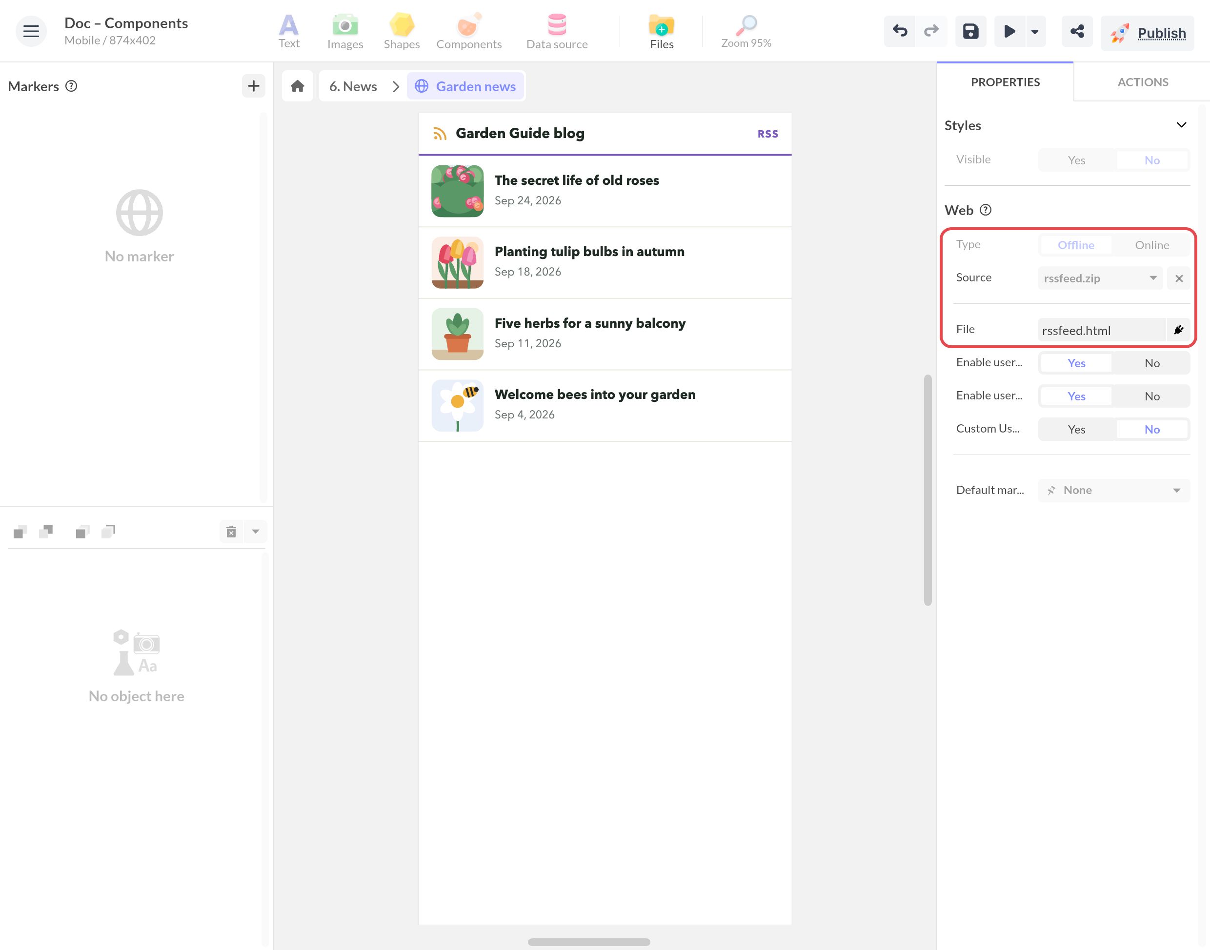 Web component entered on a News screen: Offline type, rssfeed.zip source and rssfeed.html file; the garden blog feed shows in the canvas