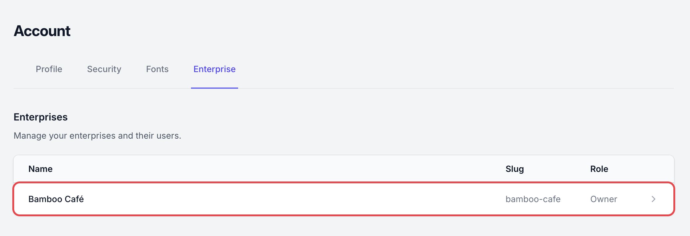 Onglet Enterprise de la section Account : la ligne d'une organisation encadrée, avec son nom, son slug et le rôle Owner