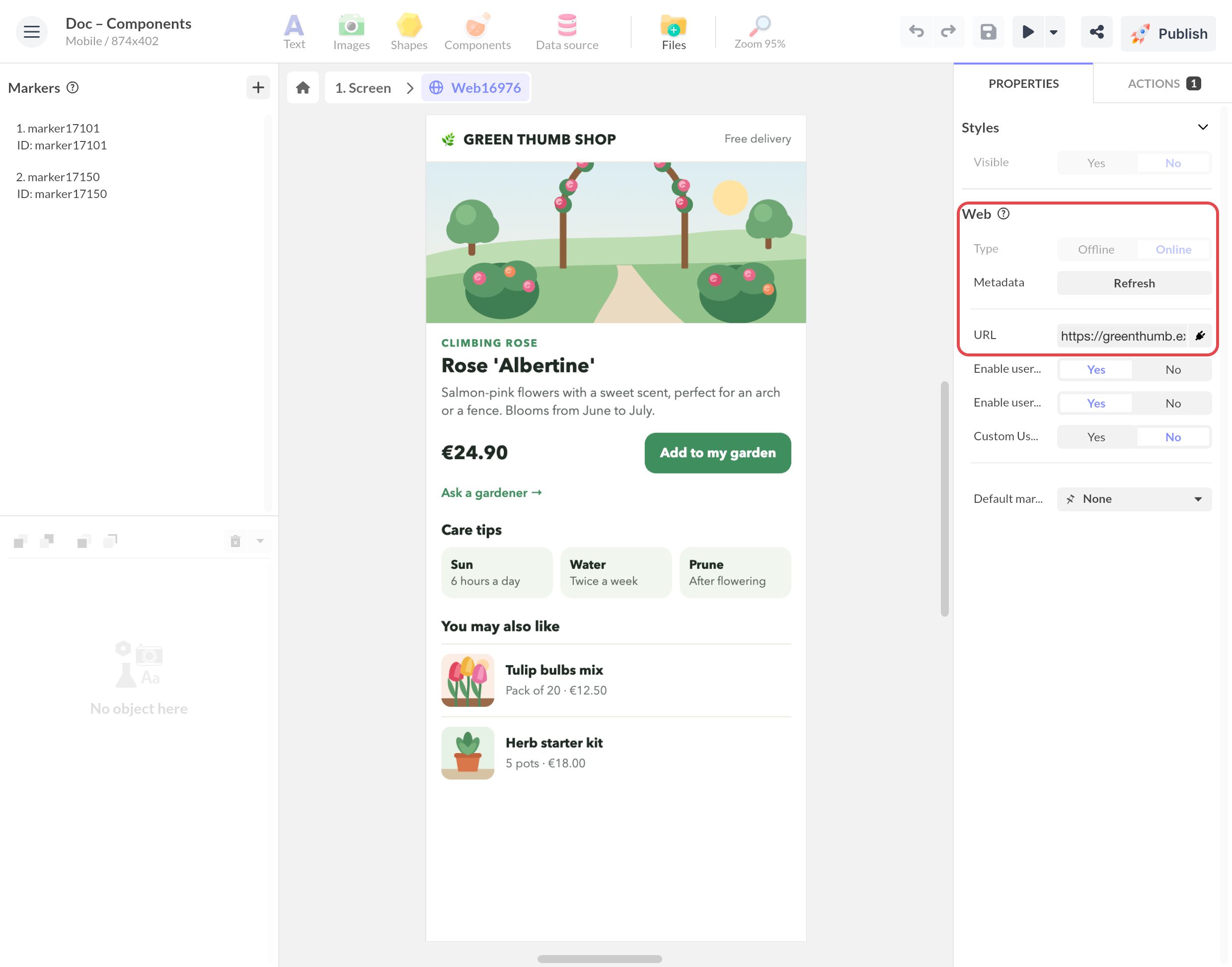 Composant Web en édition, Type En ligne avec une URL https : la fiche d'une plante d'une boutique de jardin s'affiche dans l'écran