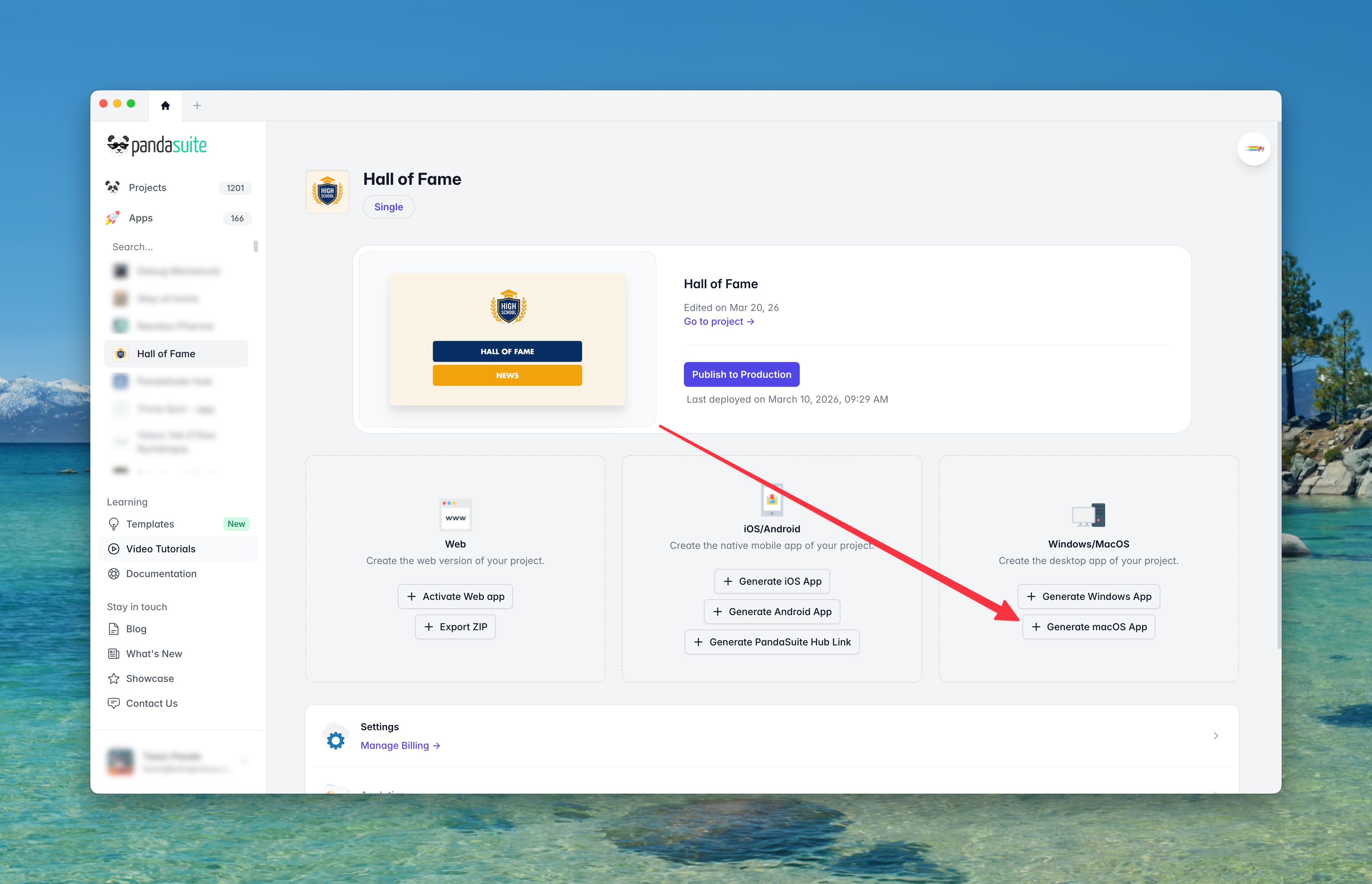 Bouton Generate macOS App dans le dashboard