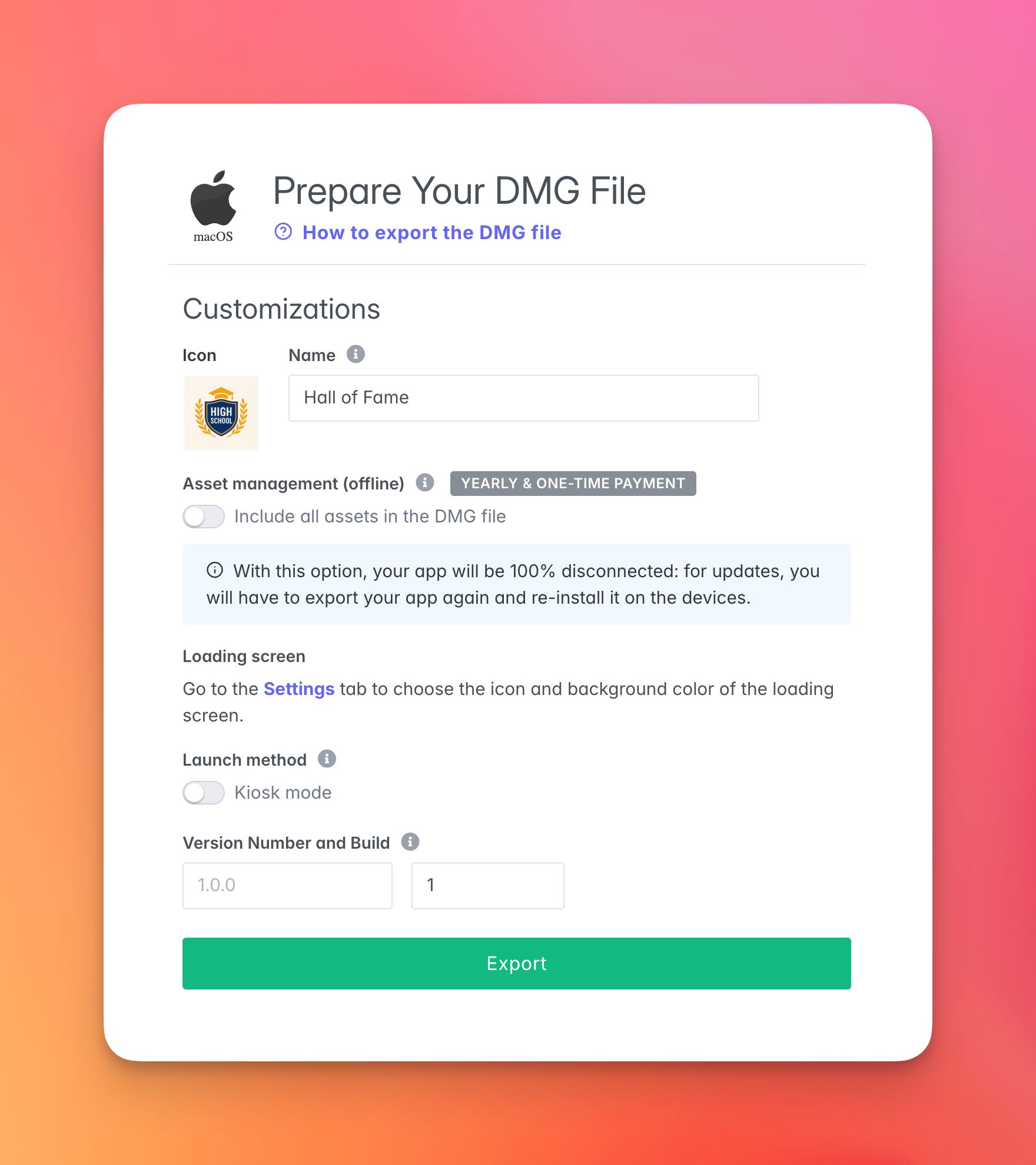 Formulaire de configuration de l’export DMG