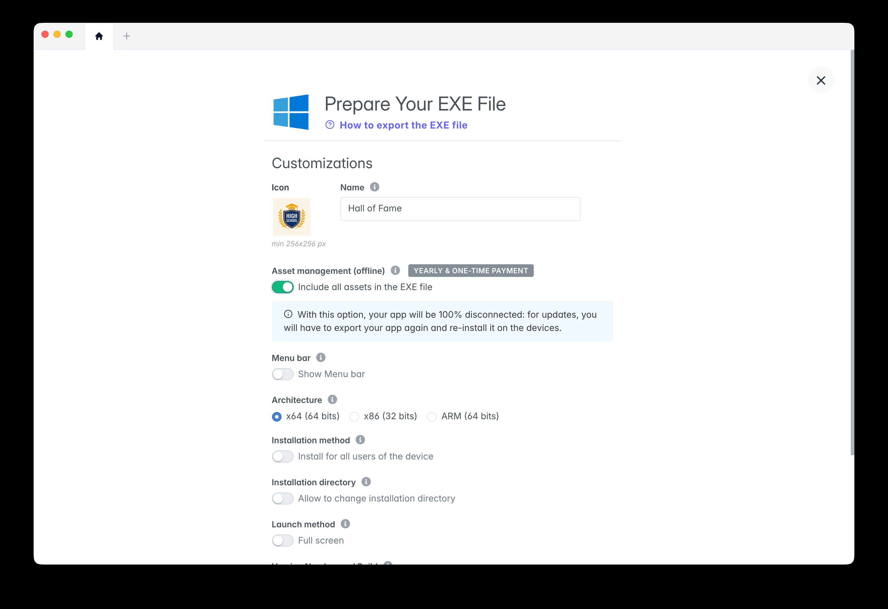 Formulaire de configuration de l'export EXE
