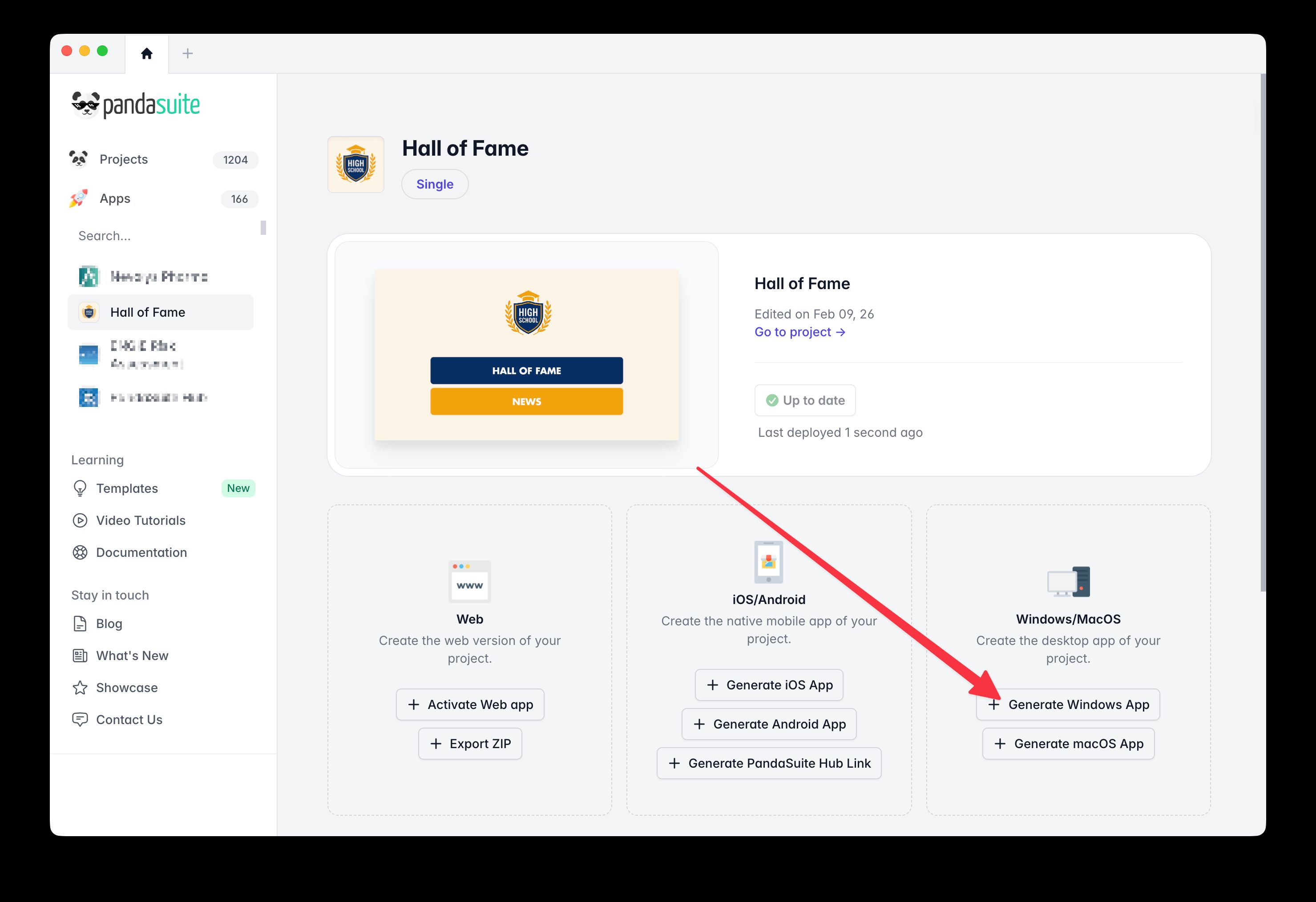 Bouton Générer l'app Windows dans le dashboard