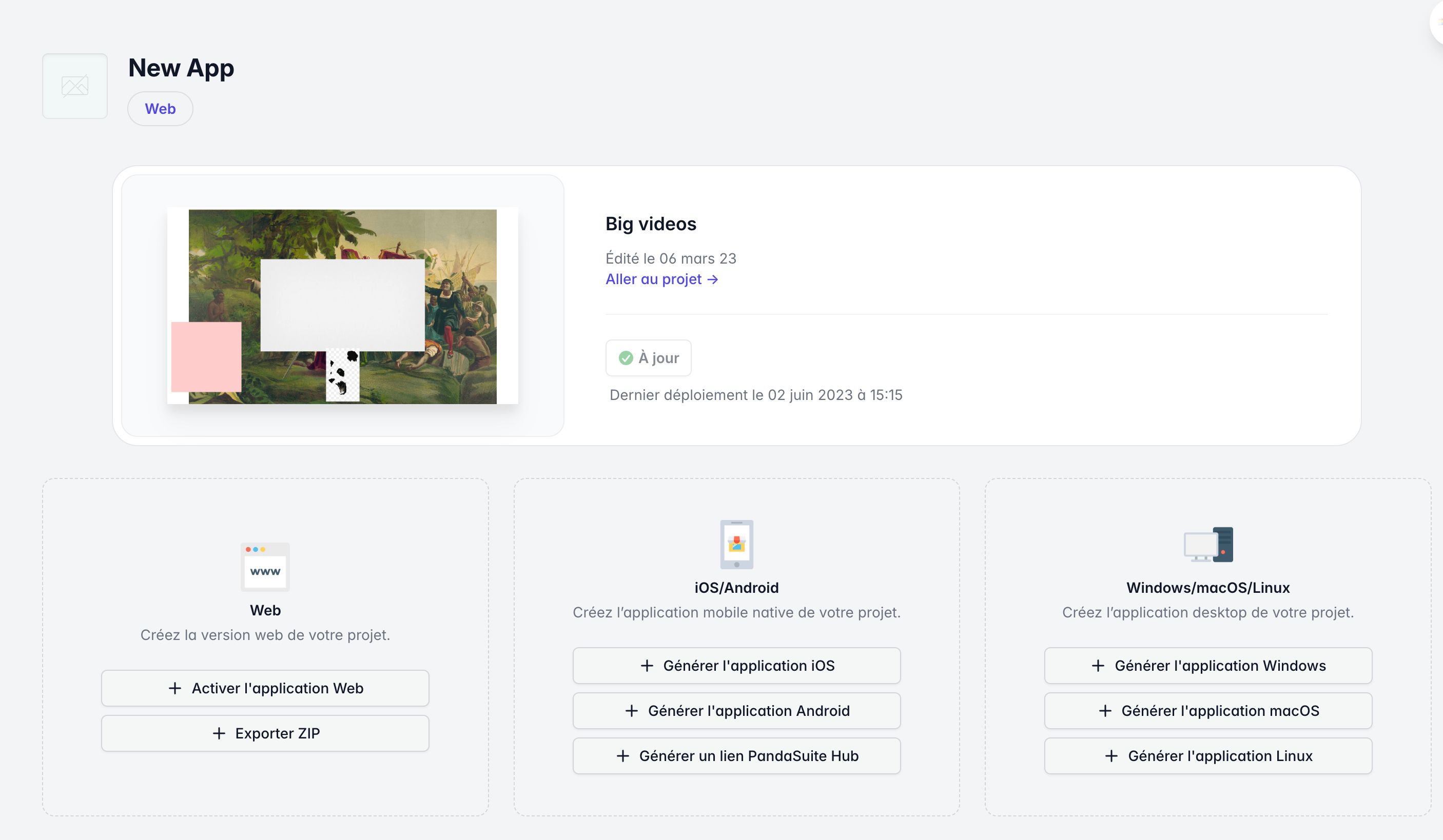 Bouton Générer l'application Linux dans le dashboard