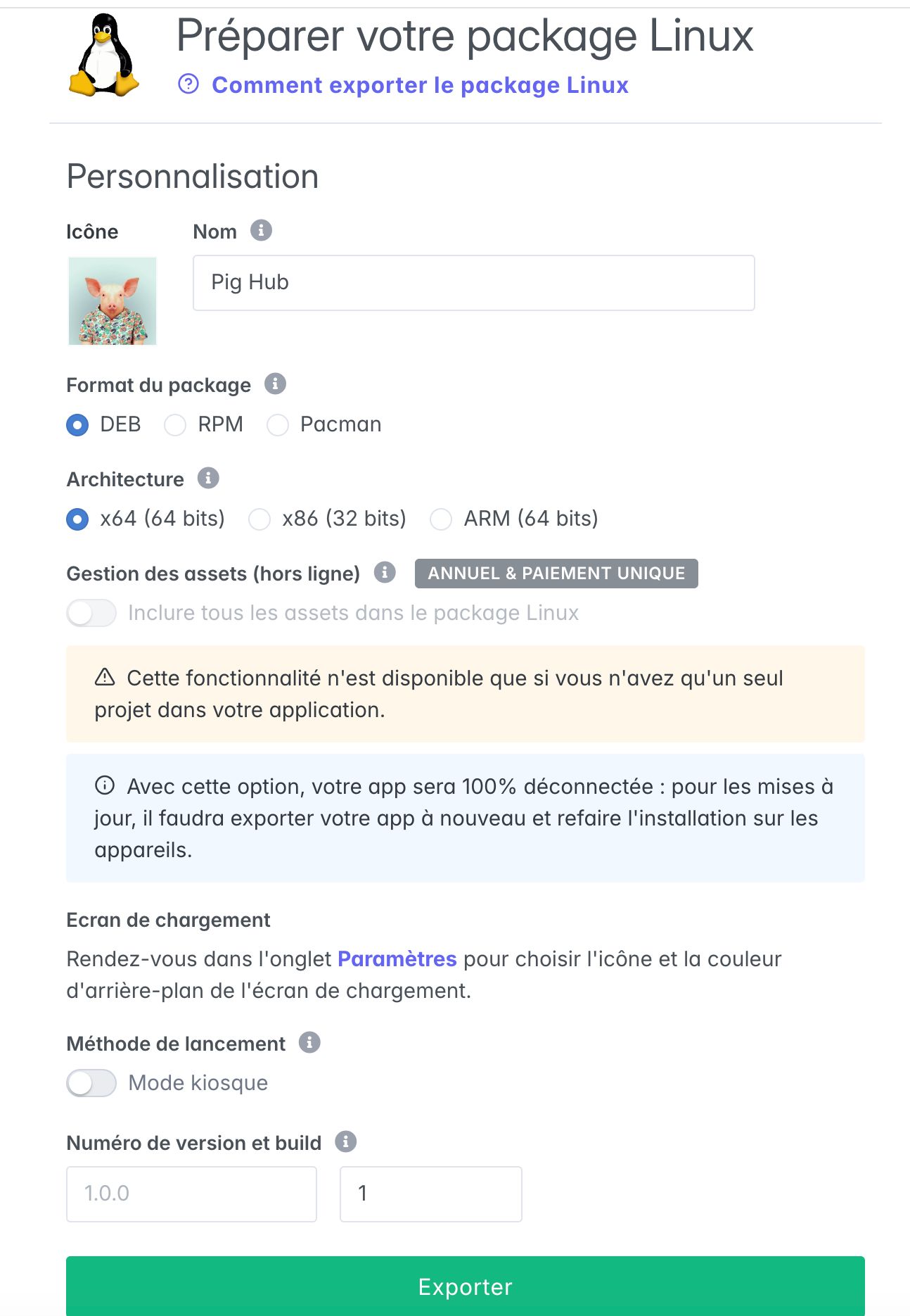Option Gestion des assets hors ligne dans le formulaire d’export Linux