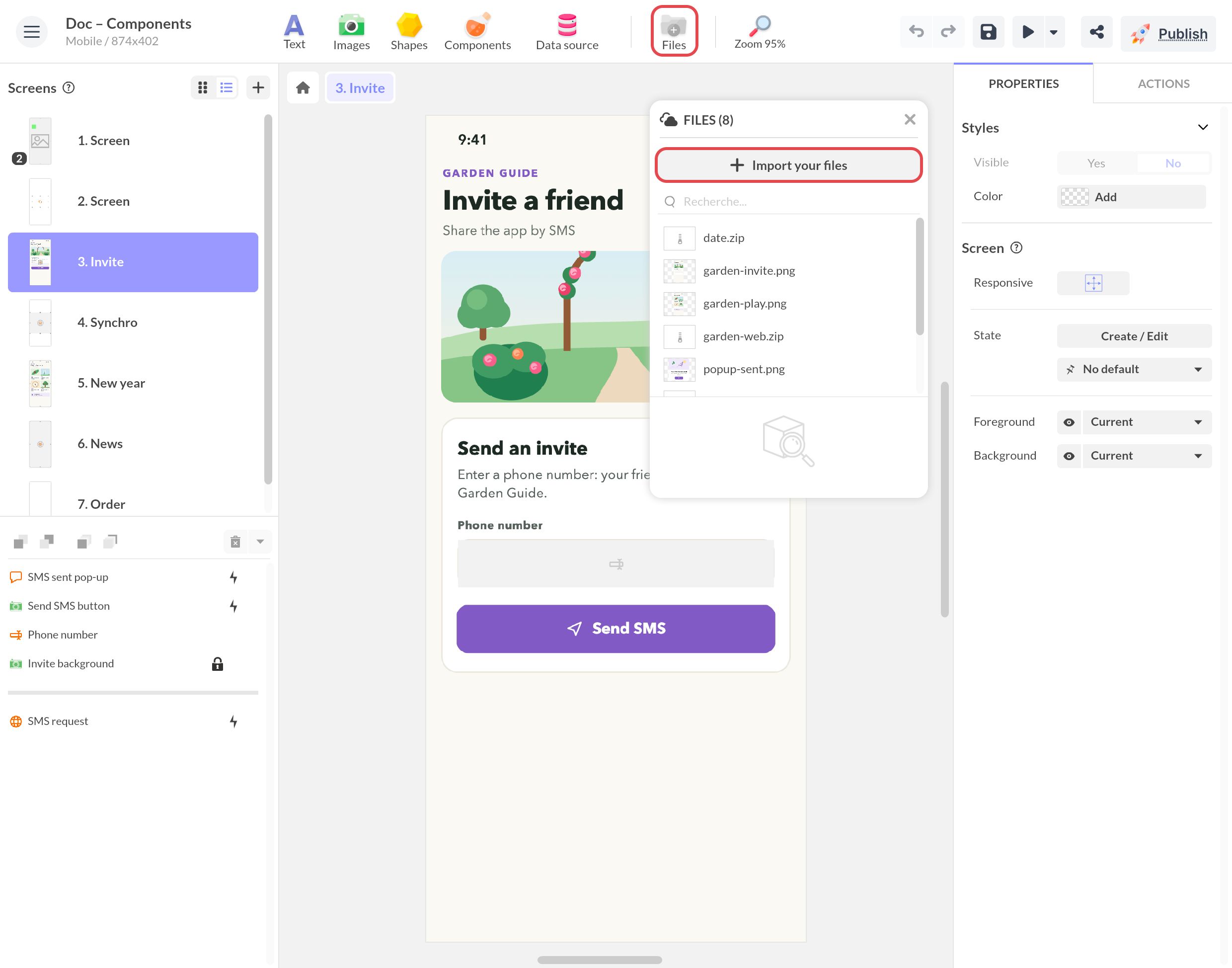 Files panel open in PandaSuite Studio: the Files icon of the toolbar and the Import your files button are framed, above the project's files