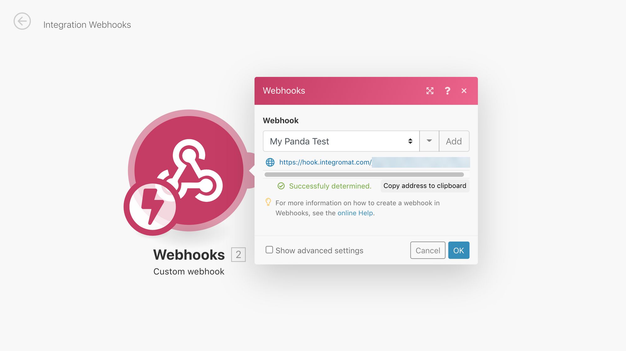 Fenêtre Webhooks d'Integromat : le message Successfully determined confirme que la structure des données a été reconnue