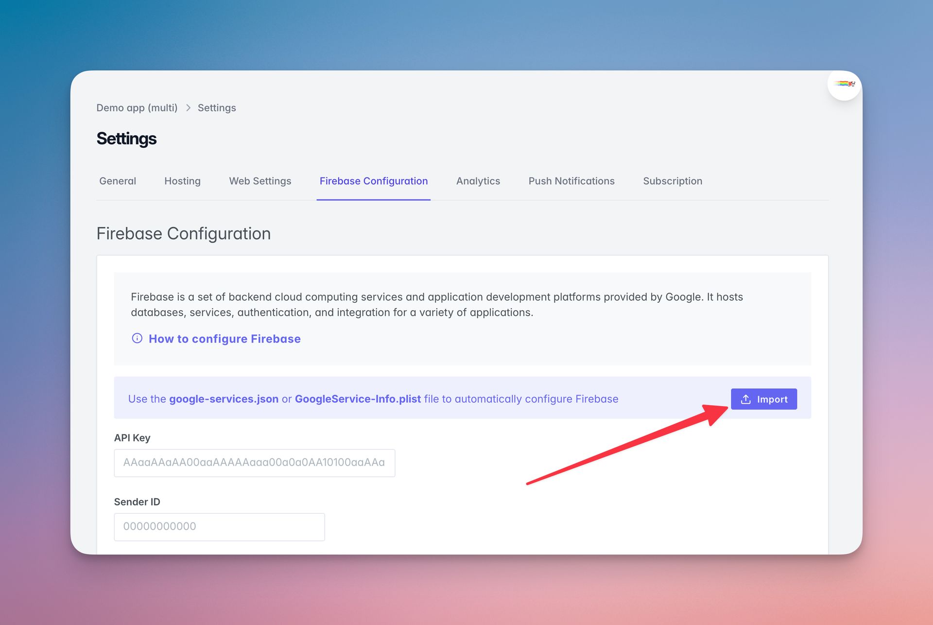 PandaSuite Firebase Configuration screen with the Import button highlighted