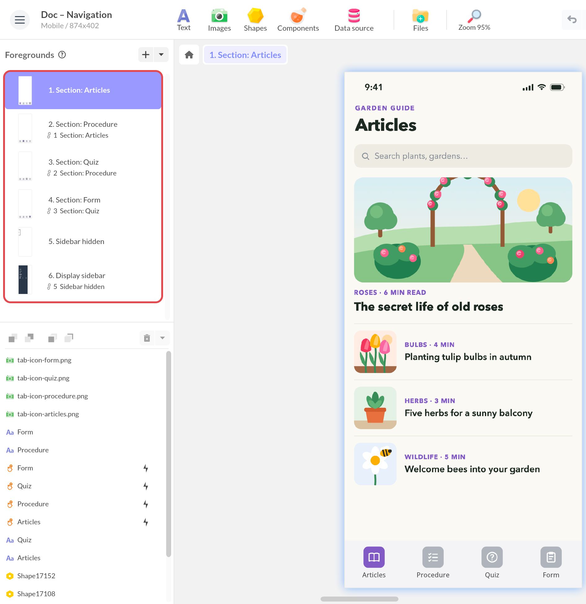 Editing a foreground in PandaSuite Studio: the Foregrounds list on the left, a navigation bar at the bottom of the screen