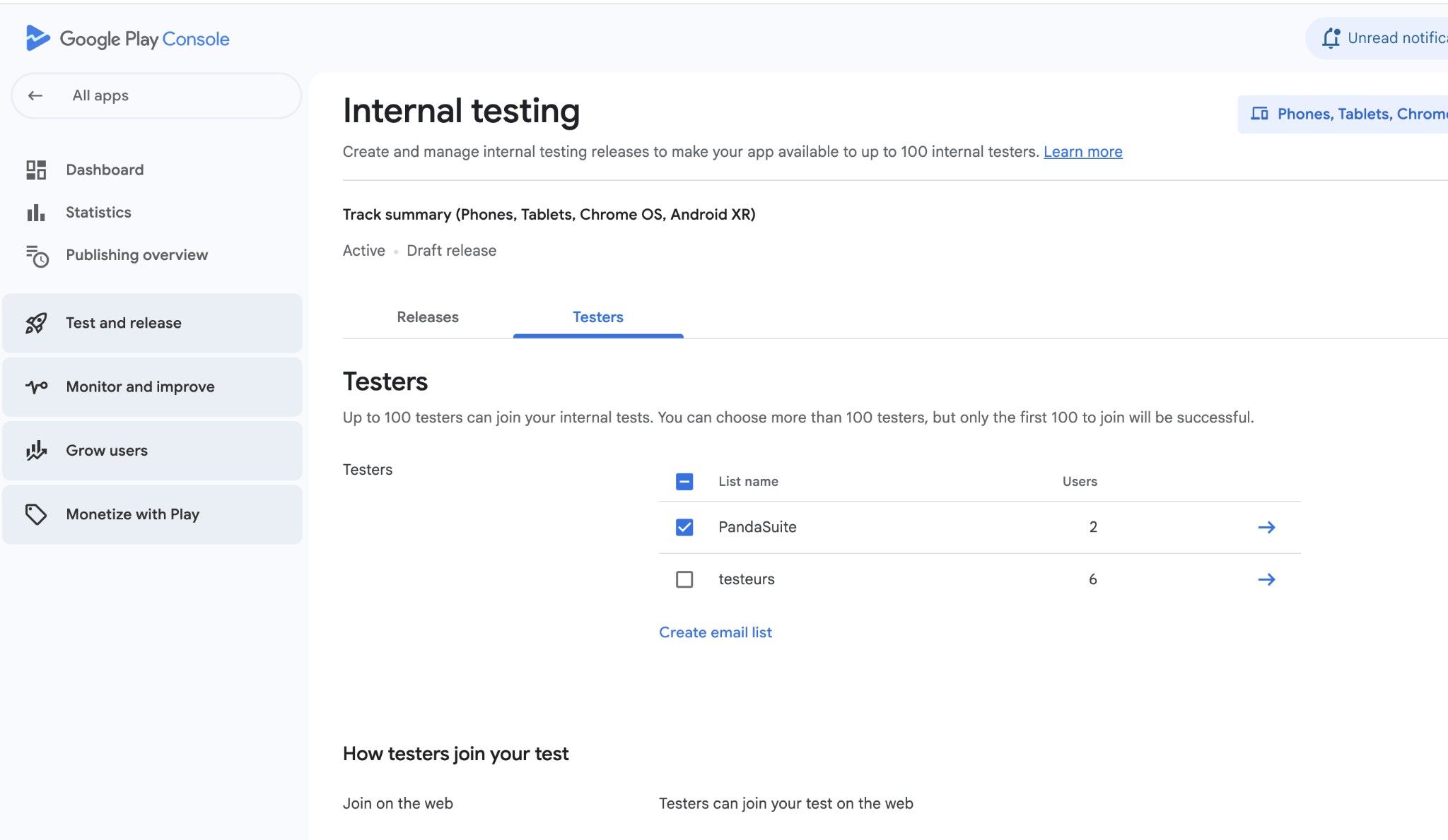 Testeurs du test interne Google Play Console