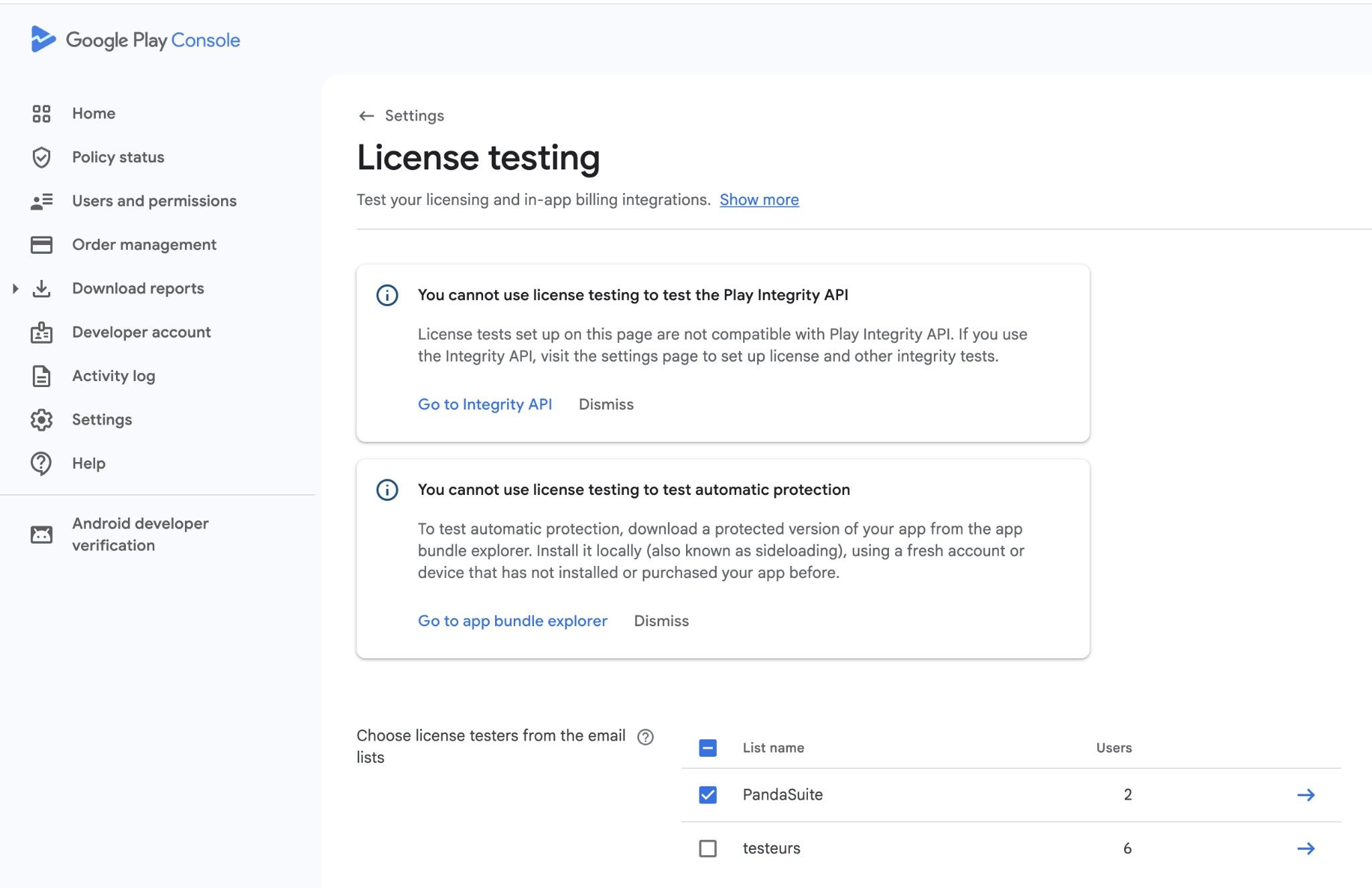 Paramètres Tests de licence Google Play Console