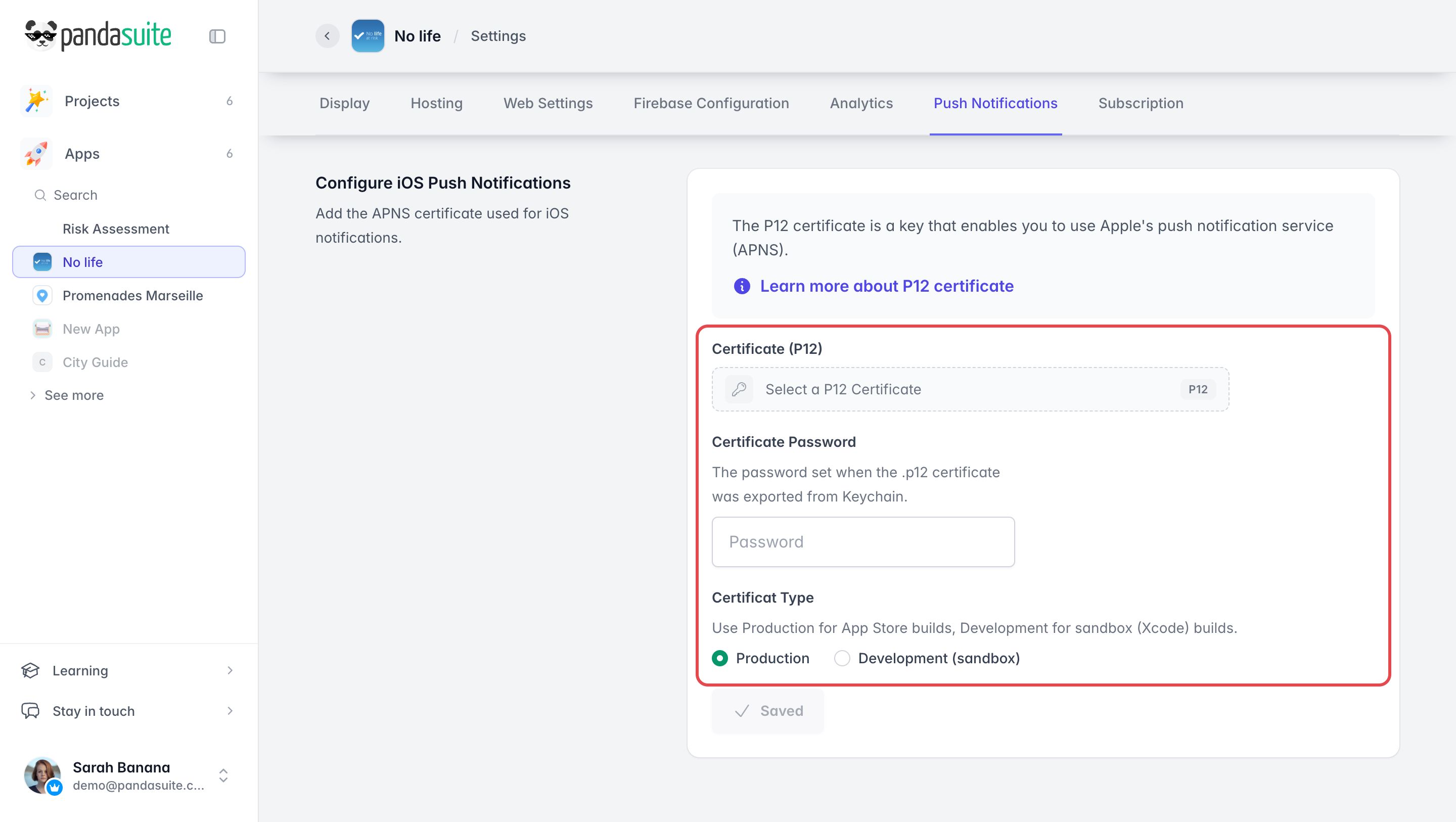 Configure iOS Push Notifications section of the app settings: the P12 certificate, its password and the certificate type are framed