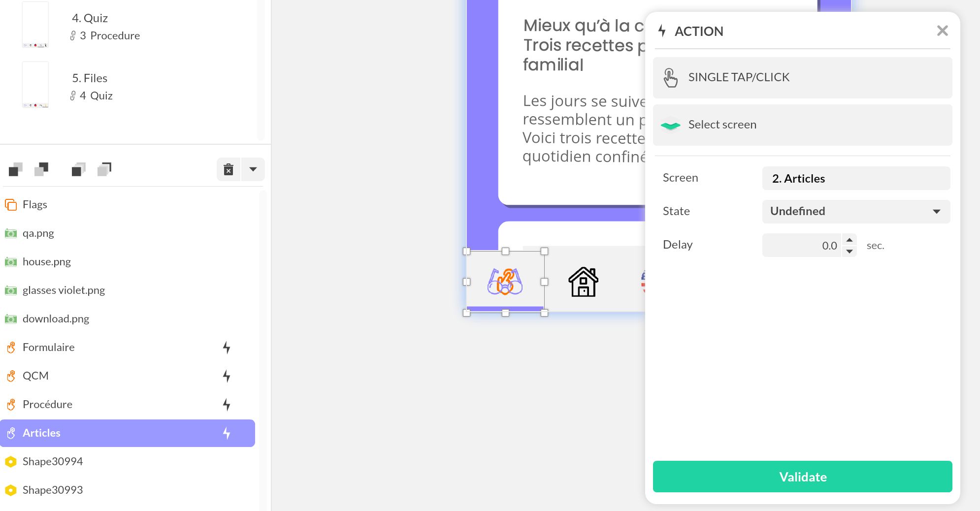 Déclencheur Tape/Clic avec l'action Sélectionner un écran sur une zone interactive placée sur une icône de navigation