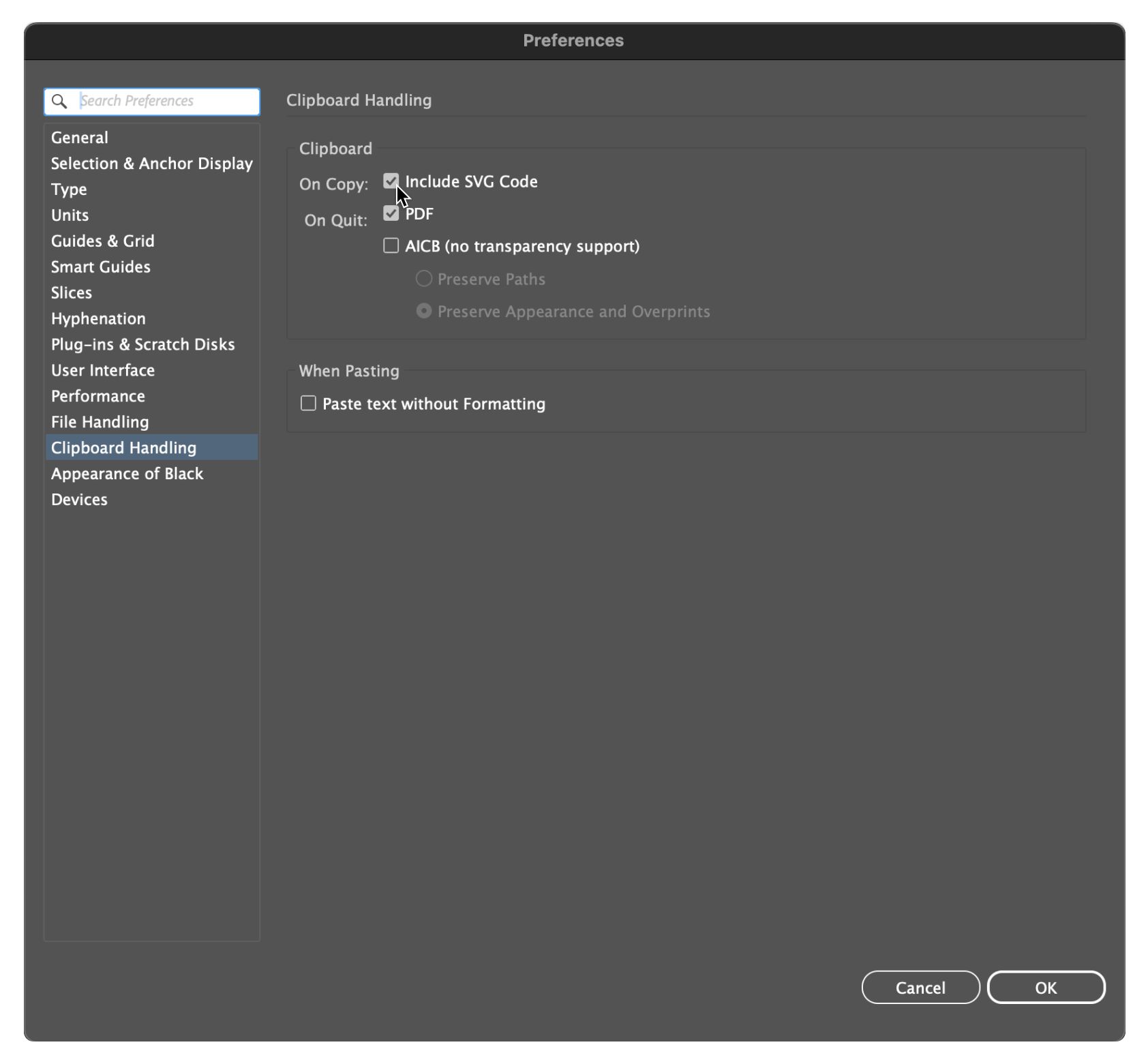 Illustrator Clipboard Handling preferences with Include SVG Code option enabled
