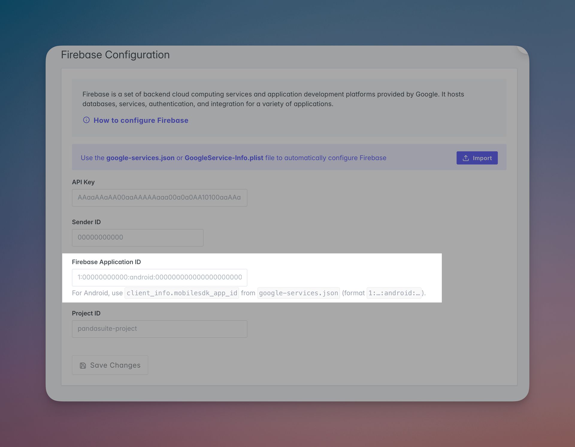 Firebase Application ID populated from google-services.json in PandaSuite