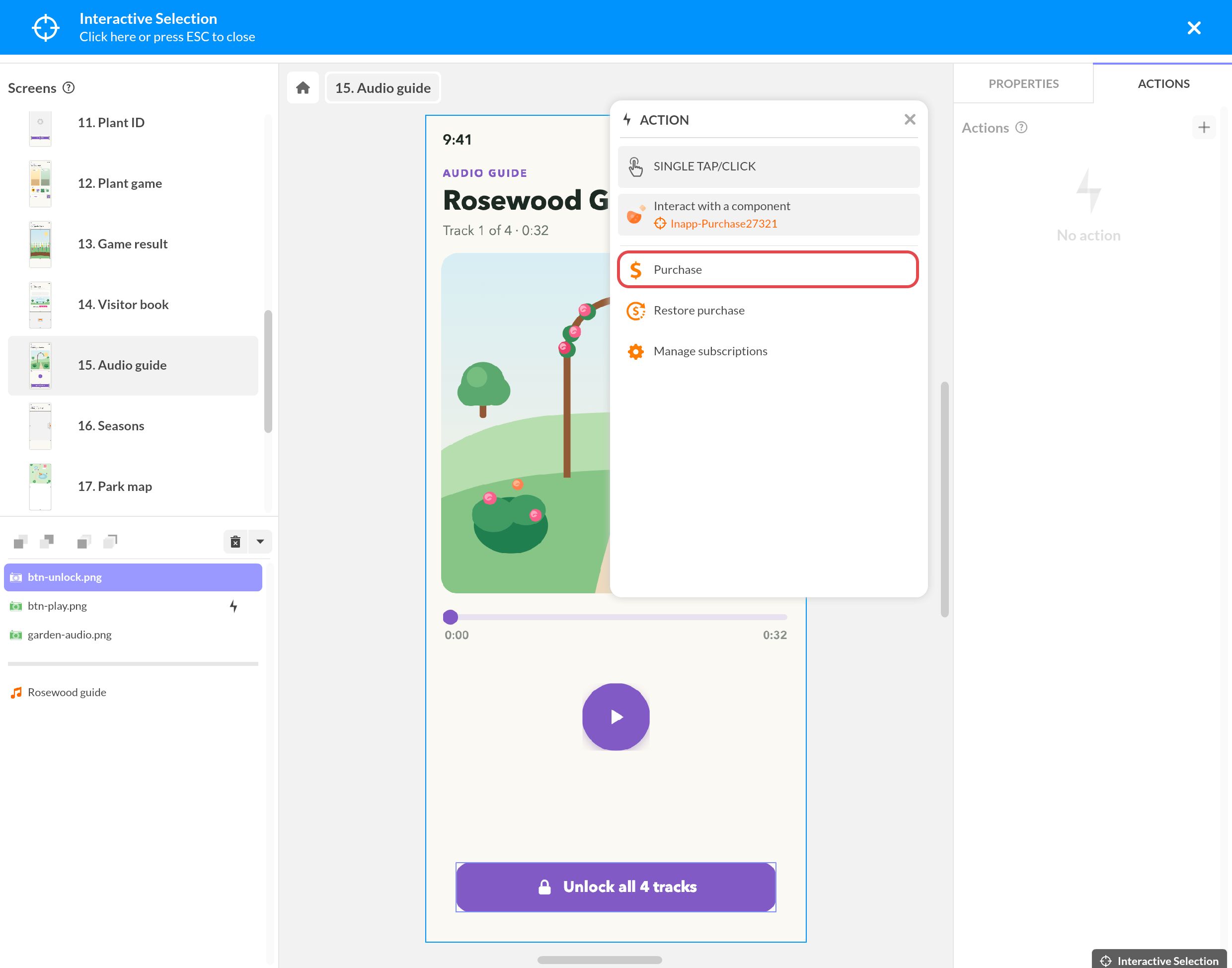 Action du bouton Unlock all 4 tracks : Simple tap puis Agir sur le composant Achat intégré, avec Purchase encadré