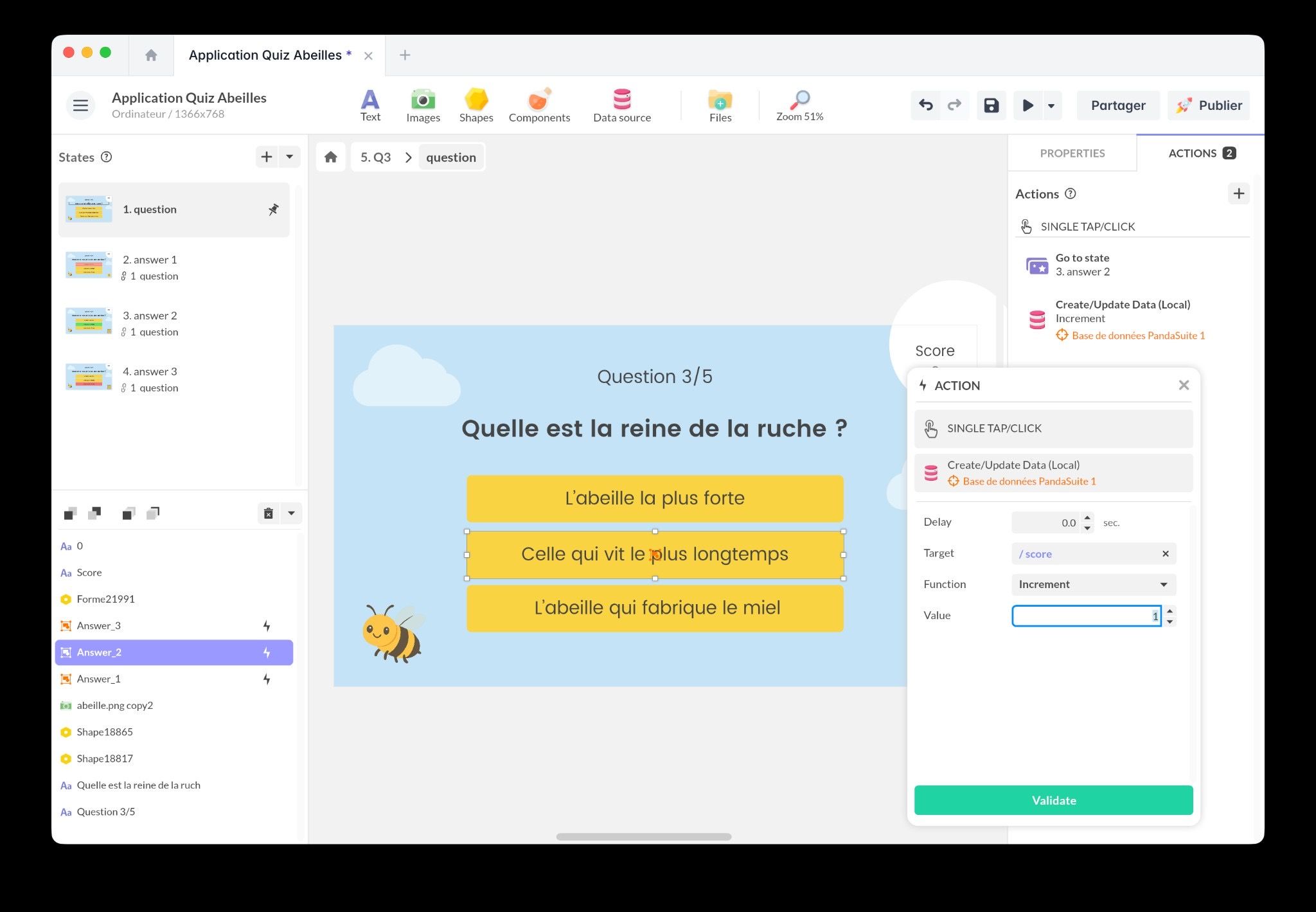 Configuring the score increment action in the Actions panel