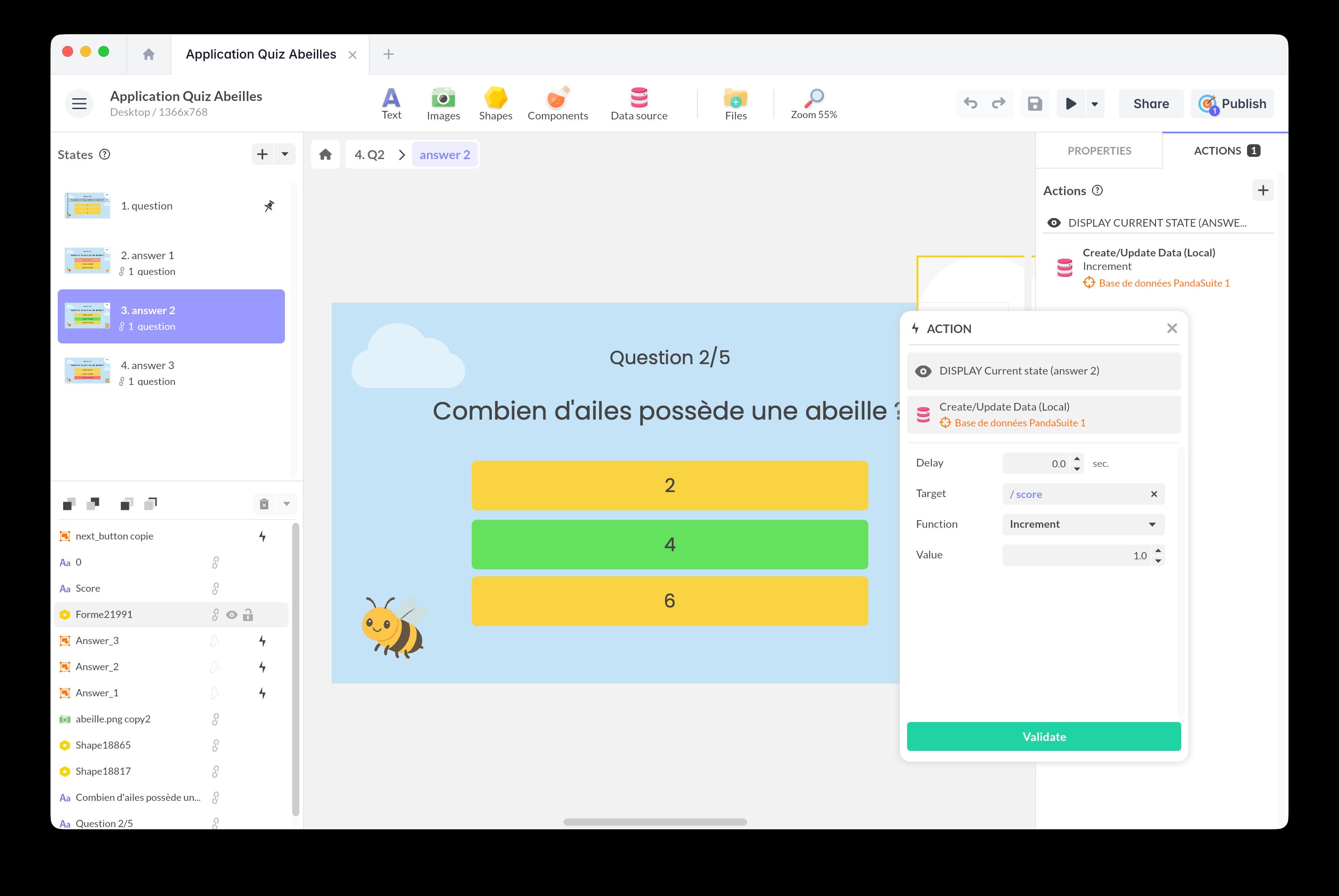 Create/Update Data (Local) action in PandaSuite Studio: targeting /score with the Increment function set to 1