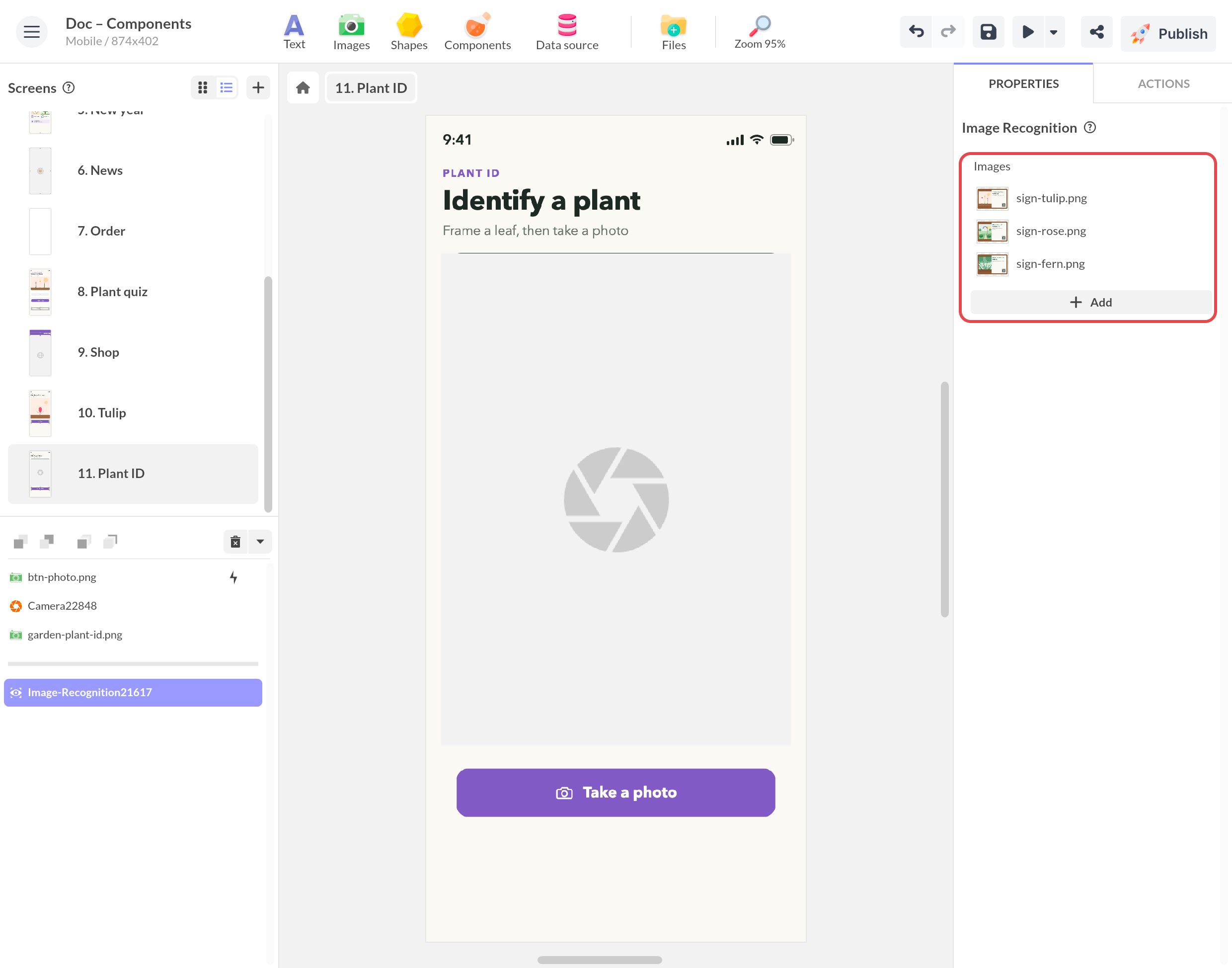 Image Recognition properties next to a plant ID screen: three plant signs added as reference images, and the Add button