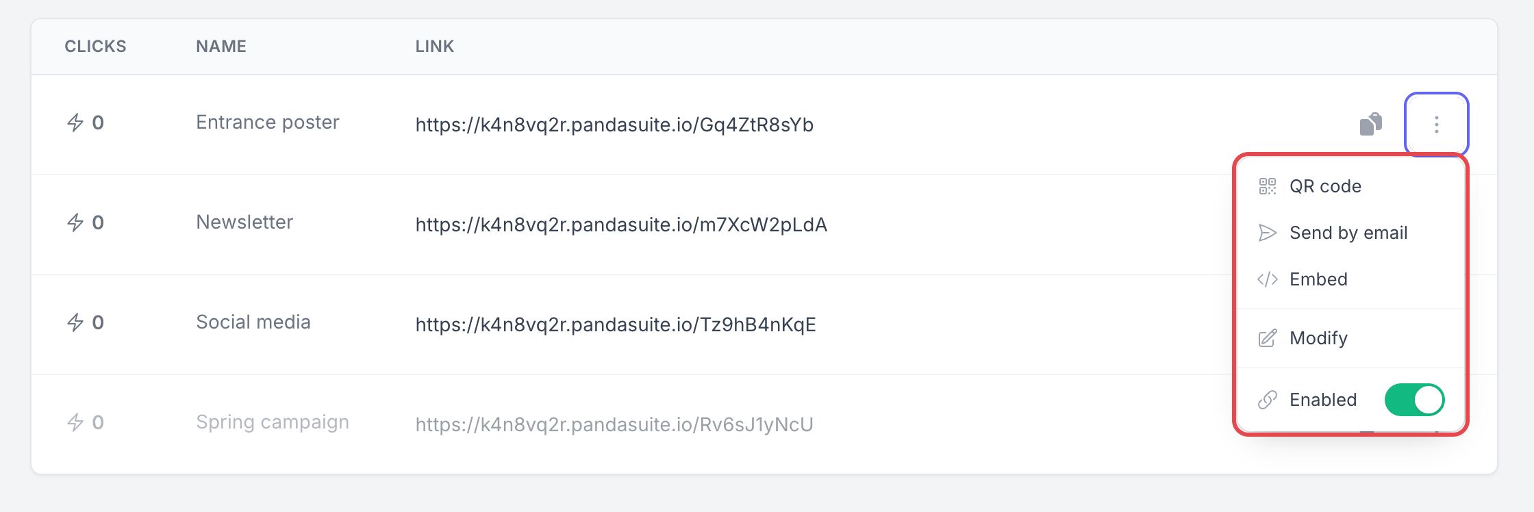 Menu des options d'un lien, encadré : QR code, Send by email, Embed, Modify et l'interrupteur Enabled