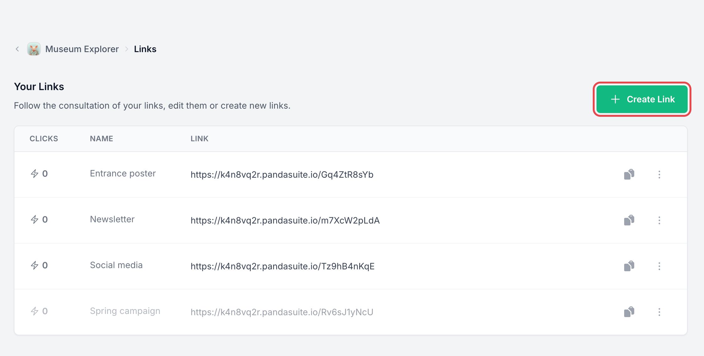 Page Links d'une app : la liste des liens avec leurs clics, leur nom et leur adresse, et le bouton Create Link encadré
