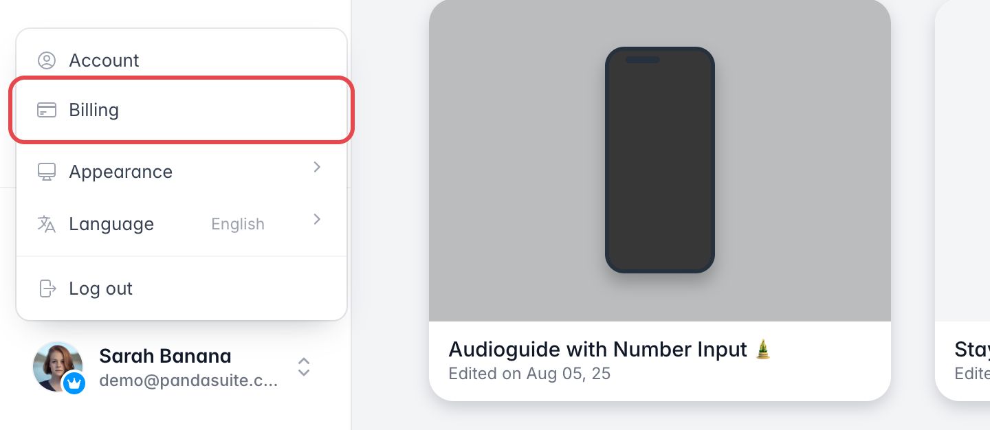 Menu du compte ouvert en bas à gauche du dashboard, avec Billing encadré