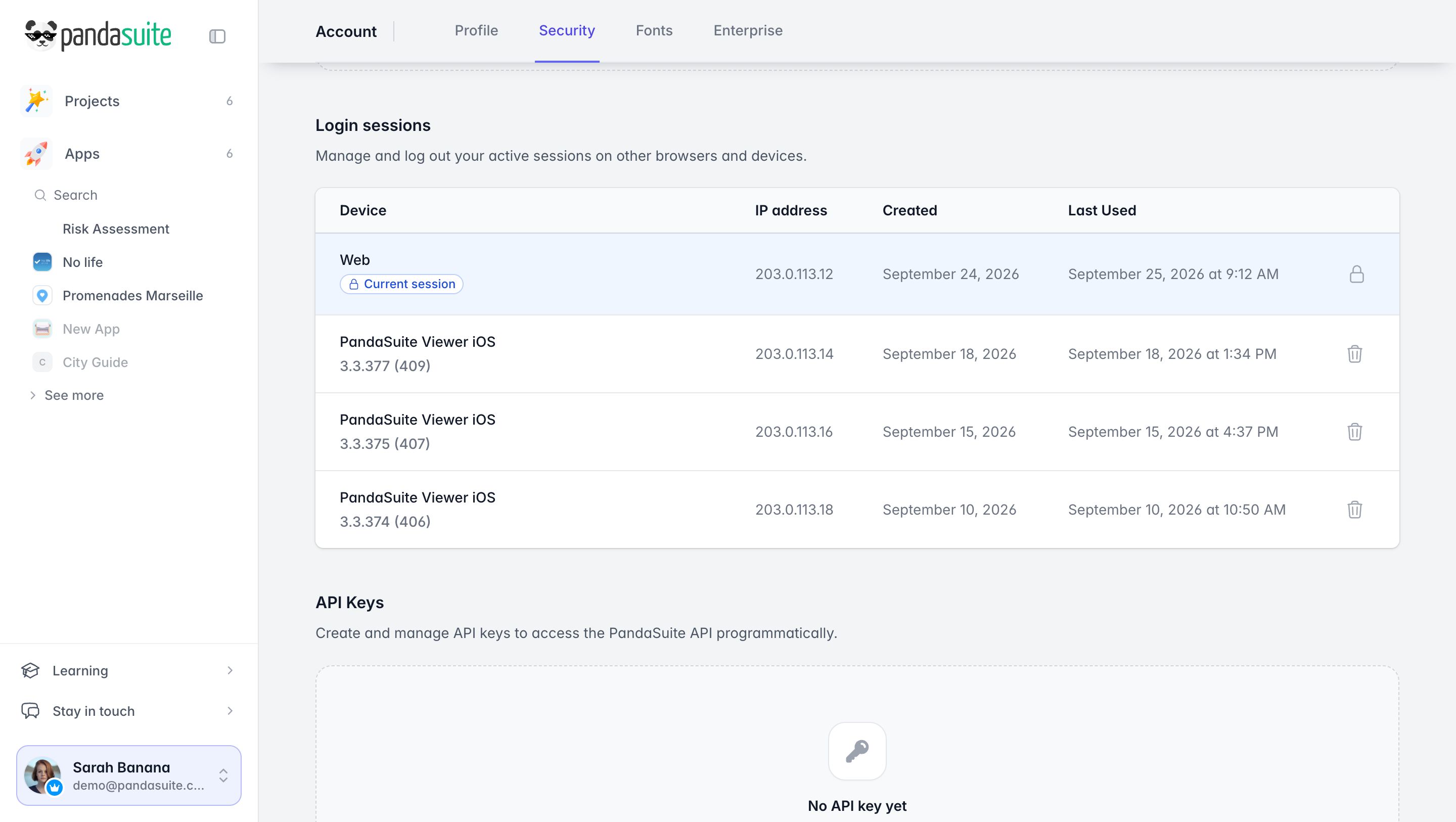 Login sessions of the Security tab: device, IP address, creation and last use dates, and a log out button for each session