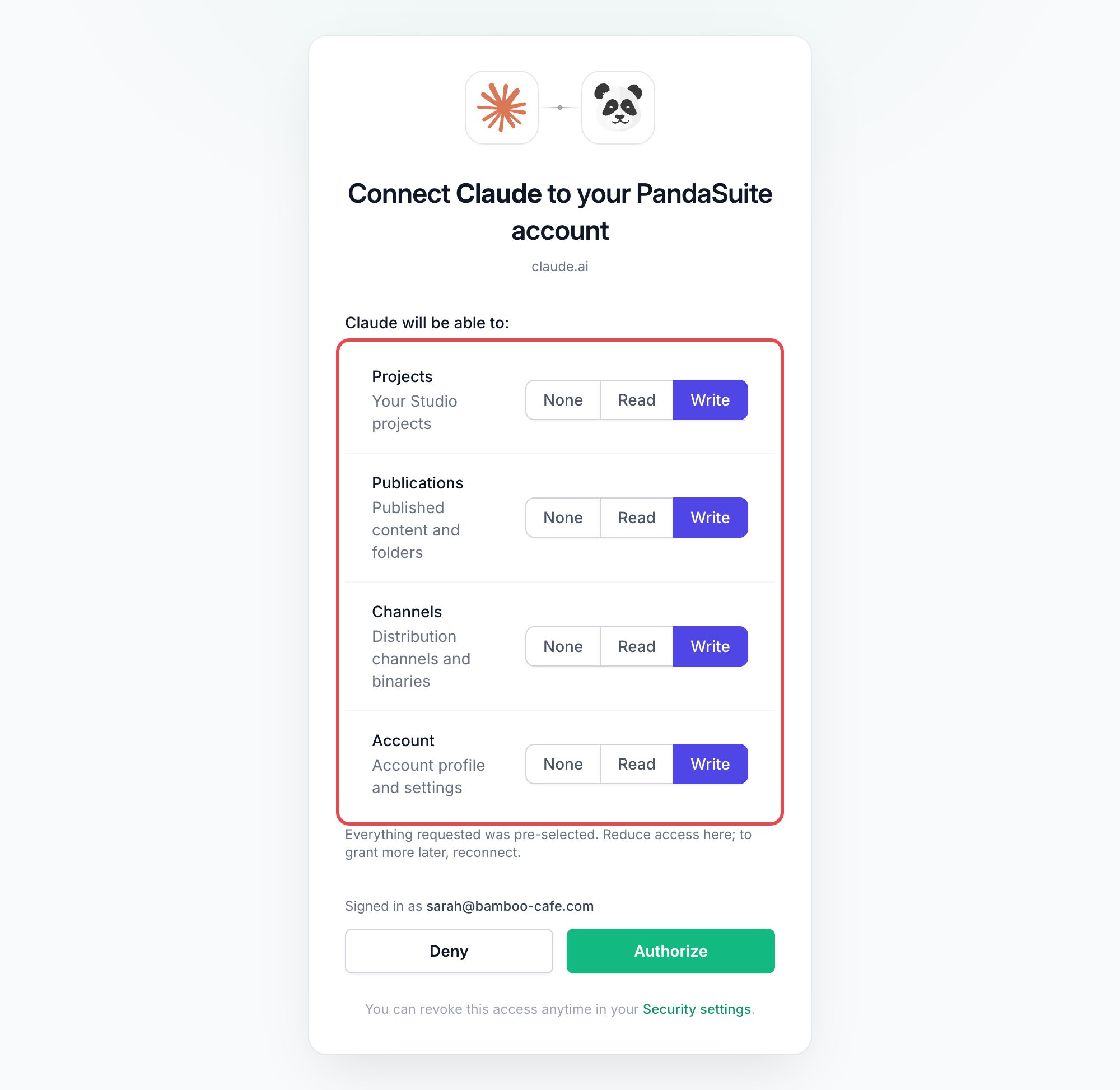 Page Connect Claude to your PandaSuite account : les niveaux d'accès encadrés pour chaque ressource, au-dessus des boutons Deny et Authorize