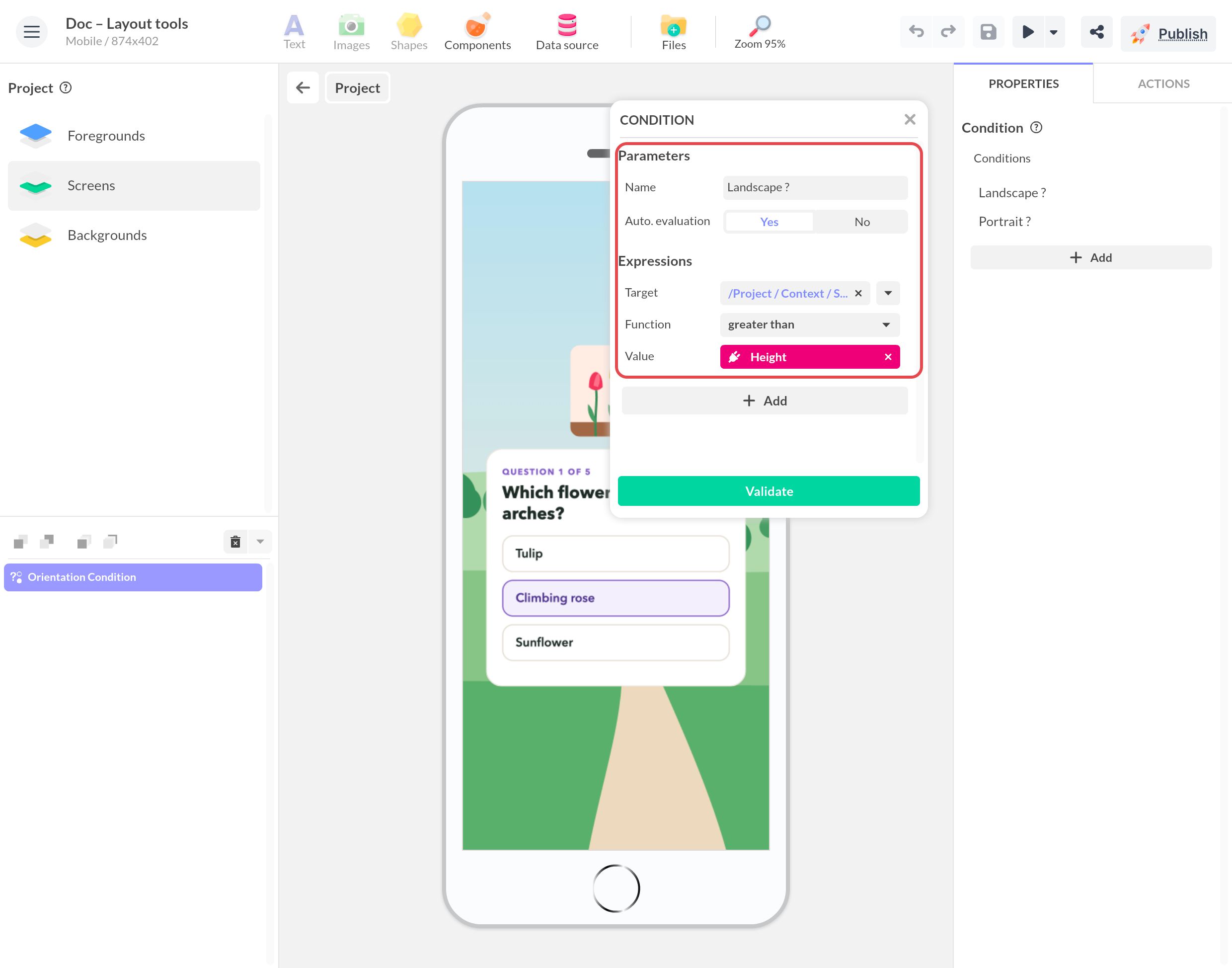Fenêtre de condition « Landscape ? » encadrée : cible Project › Context › Screen › Width, greater than Height, évaluation automatique activée