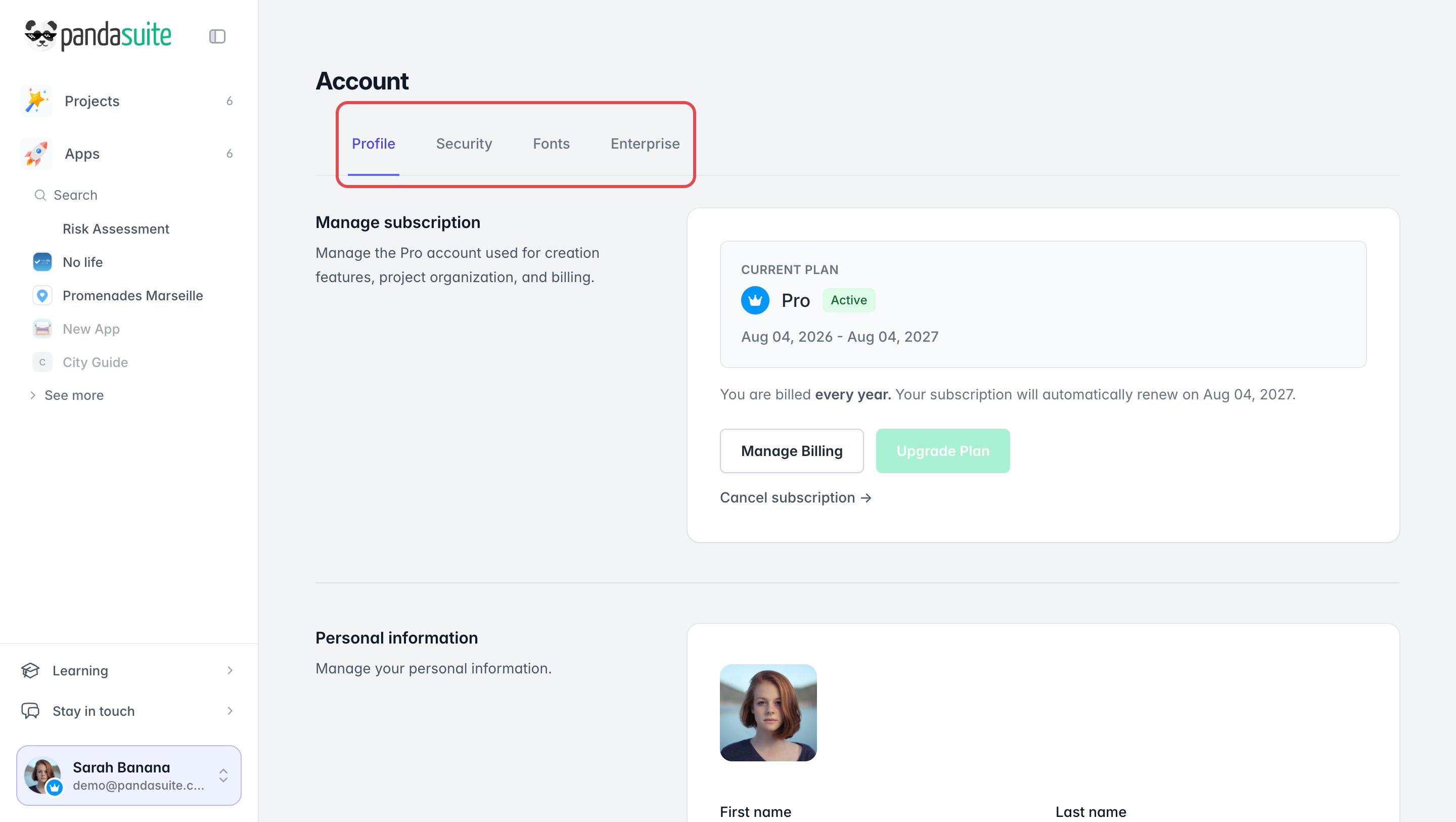 Section Account du dashboard avec ses onglets Profile, Security, Fonts et Enterprise encadrés ; l'onglet Profile affiche la formule Pro et ses boutons