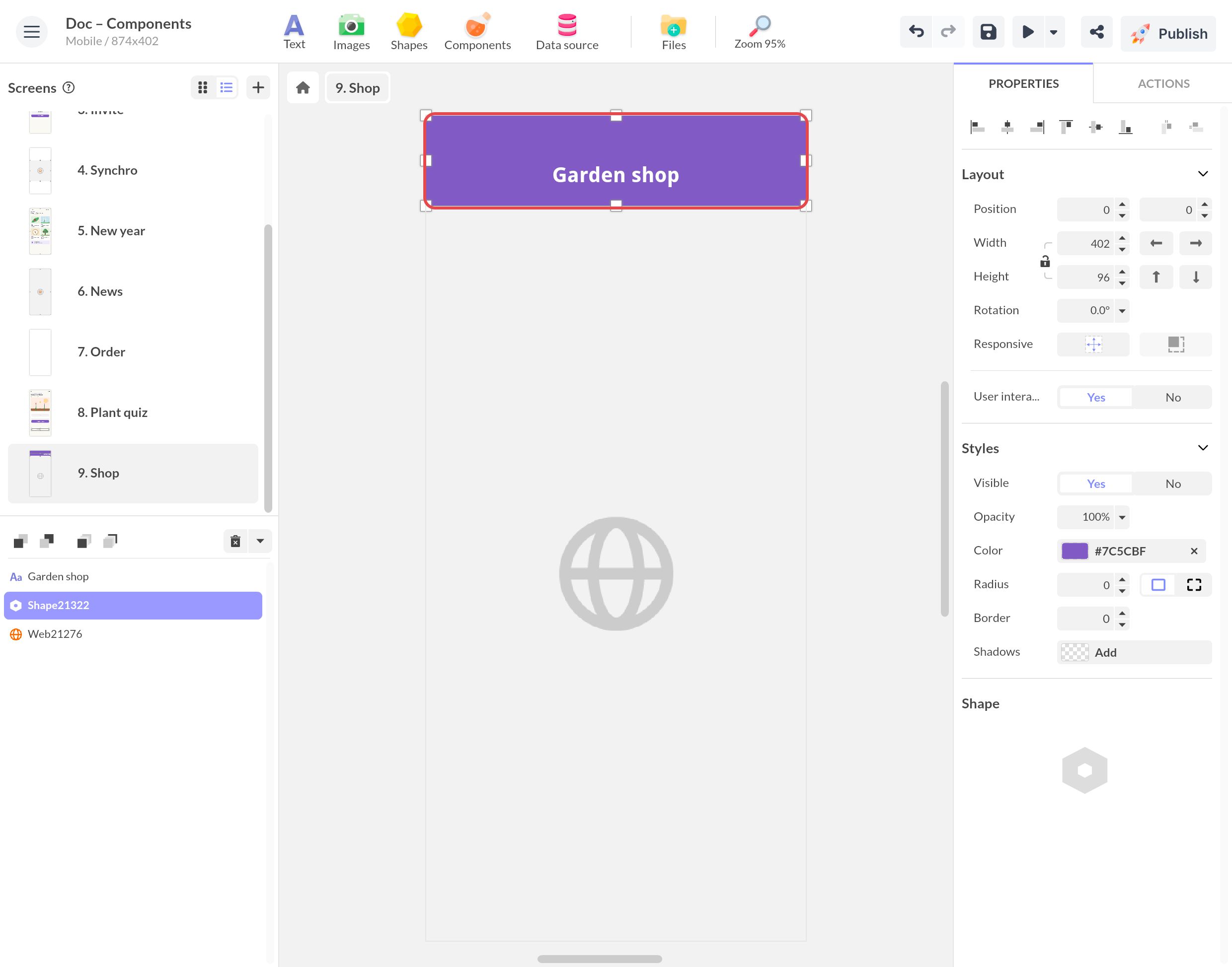 Shop screen in the Studio: a purple “Garden shop” app bar, made with a shape and a text, sits above the full-screen Web component