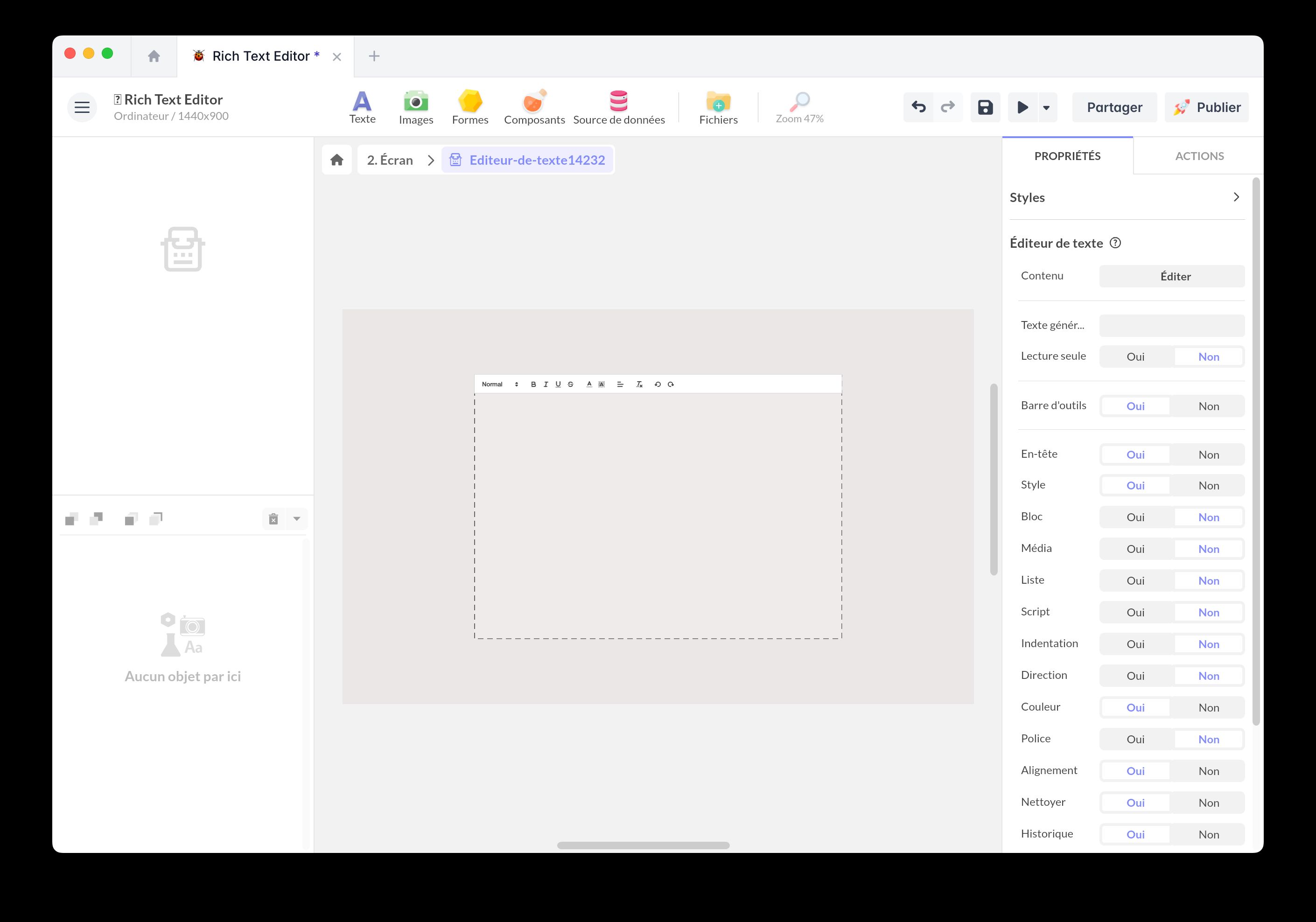 Panneau de propriétés de l'éditeur de texte avec les options de barre d'outils