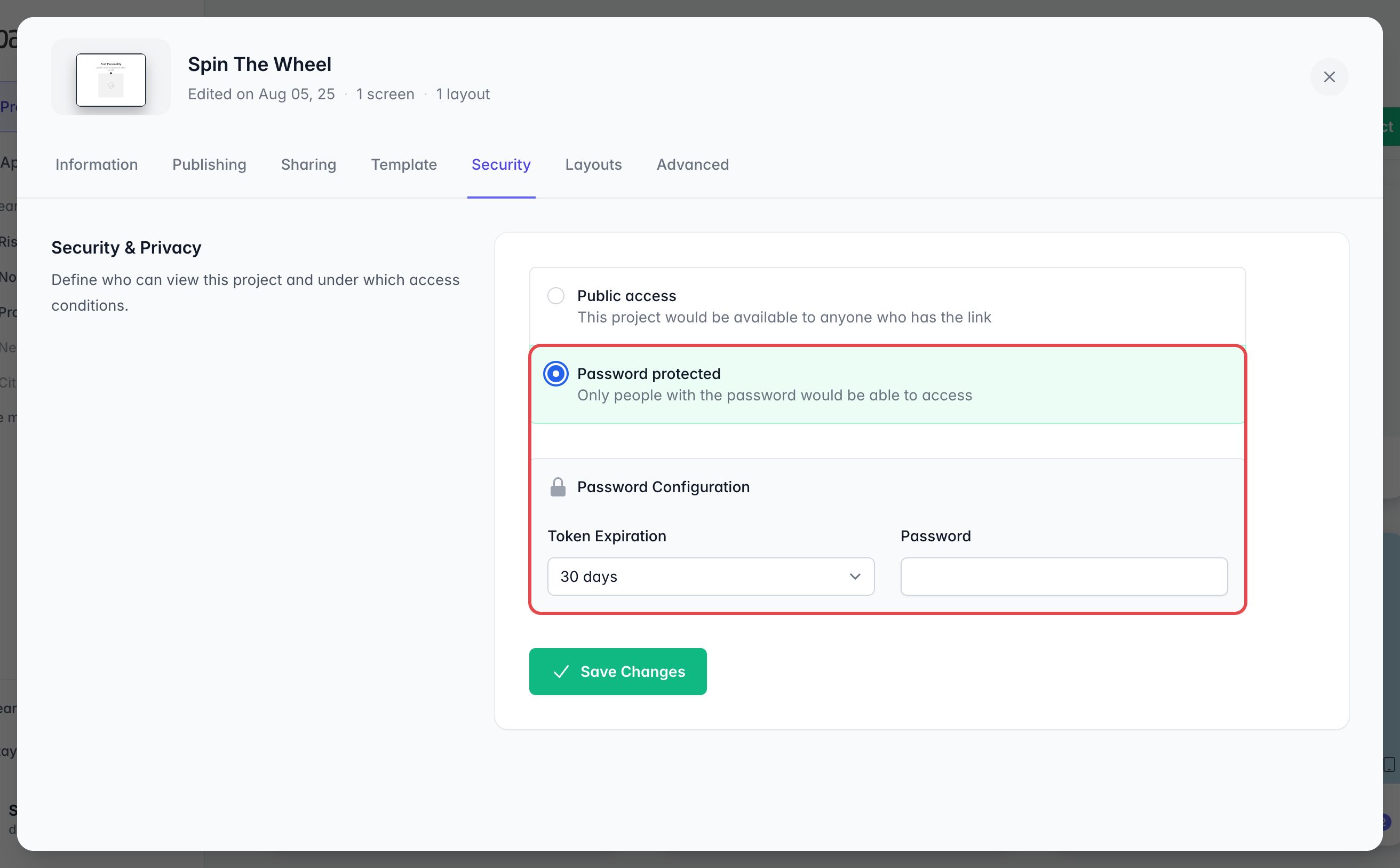 Security tab of the project settings: Password protected is selected and framed, with a Token Expiration of 30 days and the Password field