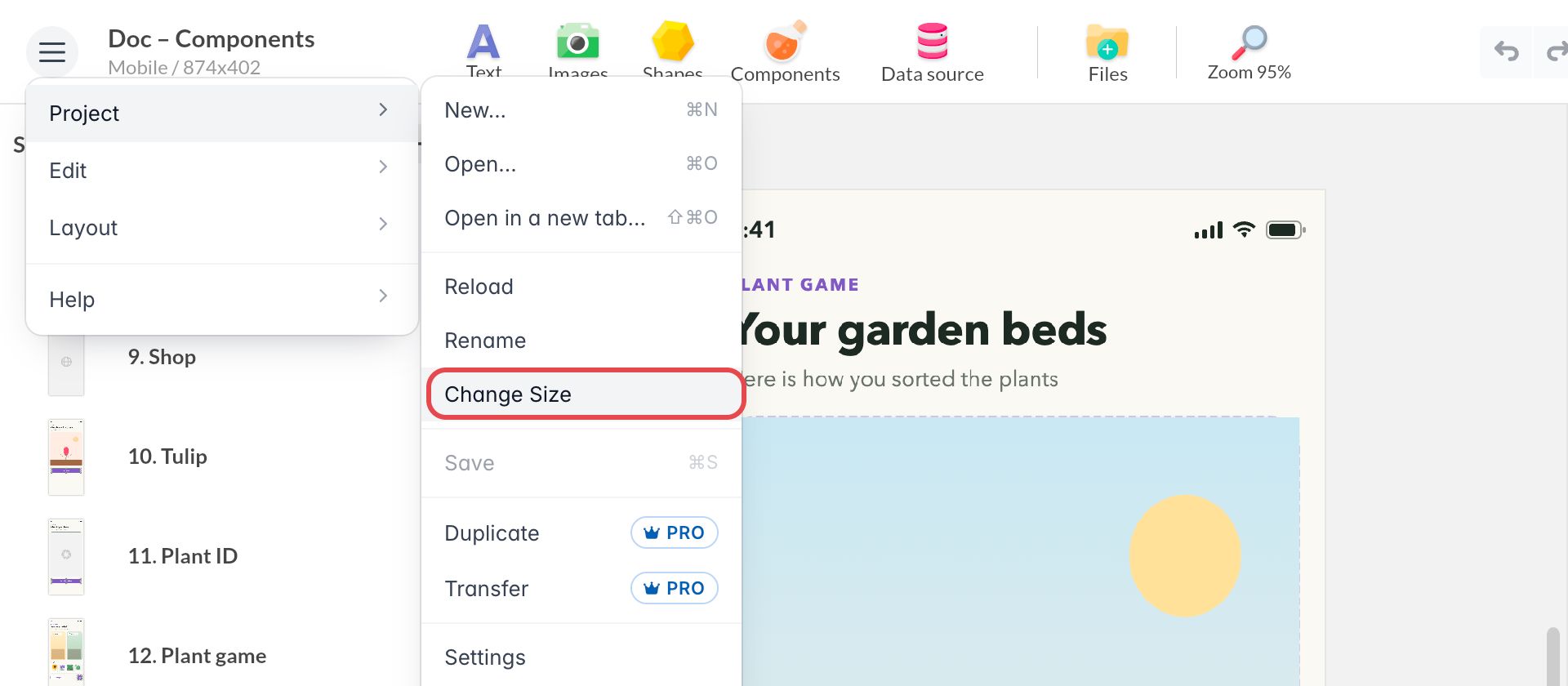 Menu de PandaSuite Studio ouvert sur Project, avec Change Size (Changer la taille) encadré dans le sous-menu