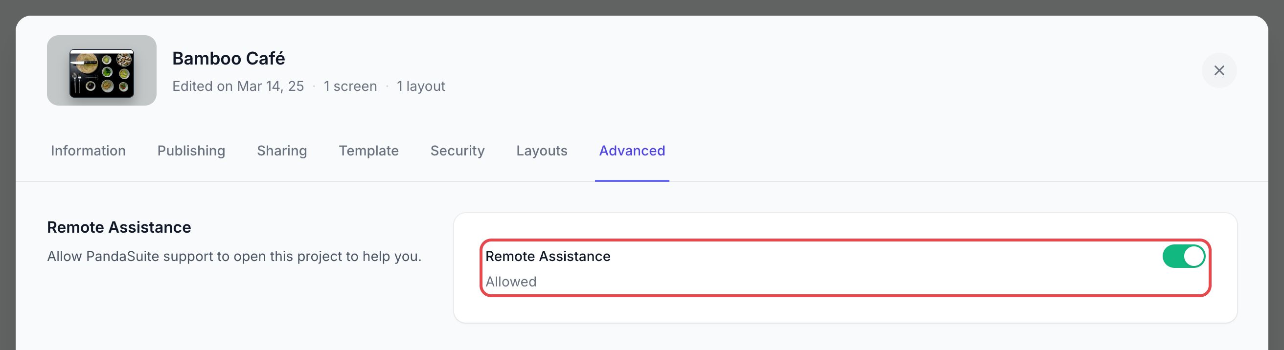 Advanced tab of the project settings: the Remote Assistance switch, turned on with the Allowed status, is framed