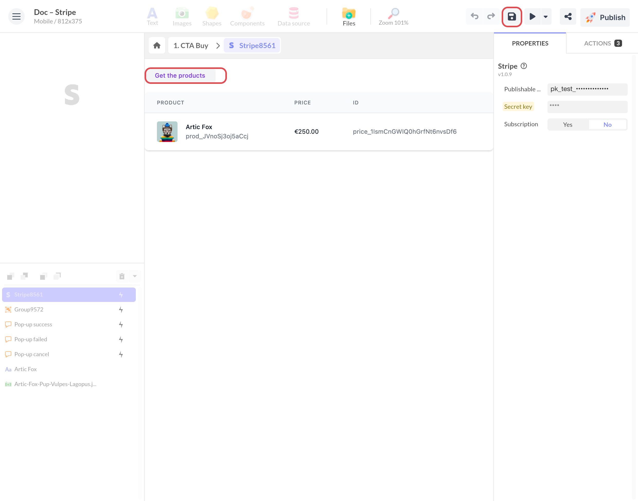 Stripe component editor: the Save button of the toolbar and Get the products are framed, above the imported Artic Fox product at €250.00