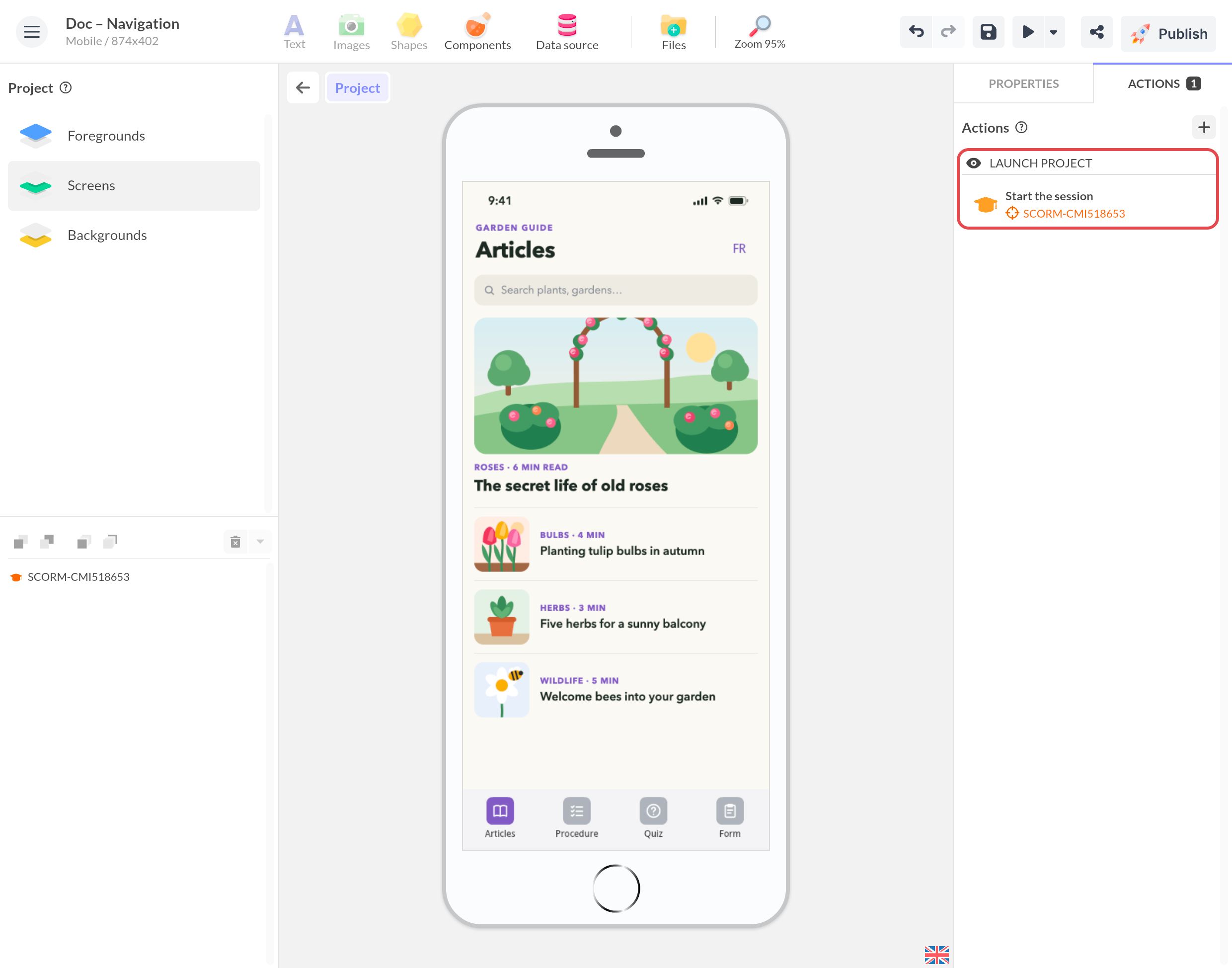 Onglet Actions au niveau du projet : au lancement du projet, l'action Commencer la session sur le composant SCORM CMI5 est encadrée