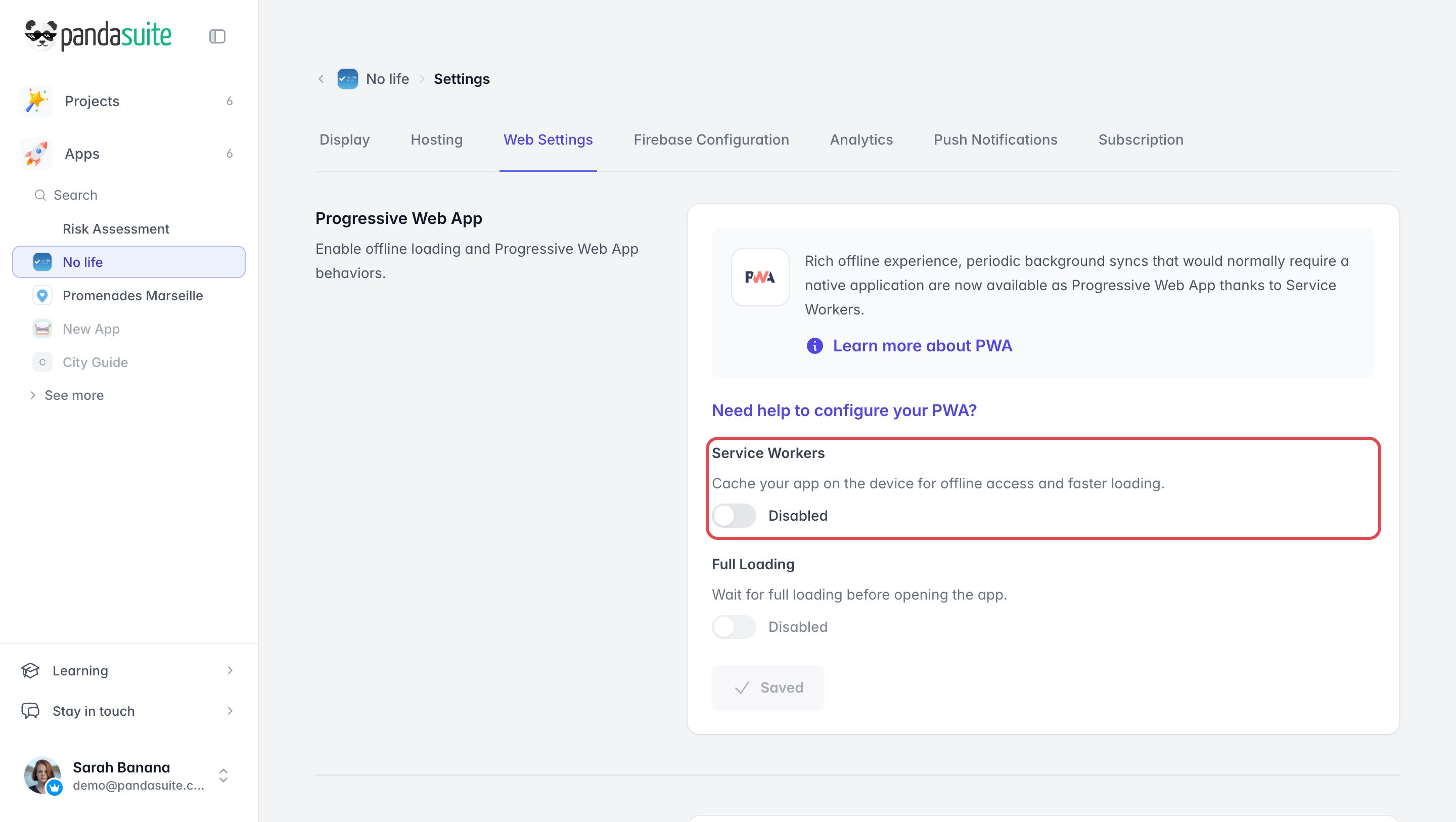 Web Settings tab of an app, Progressive Web App section: the Service Workers option is framed, above Full Loading