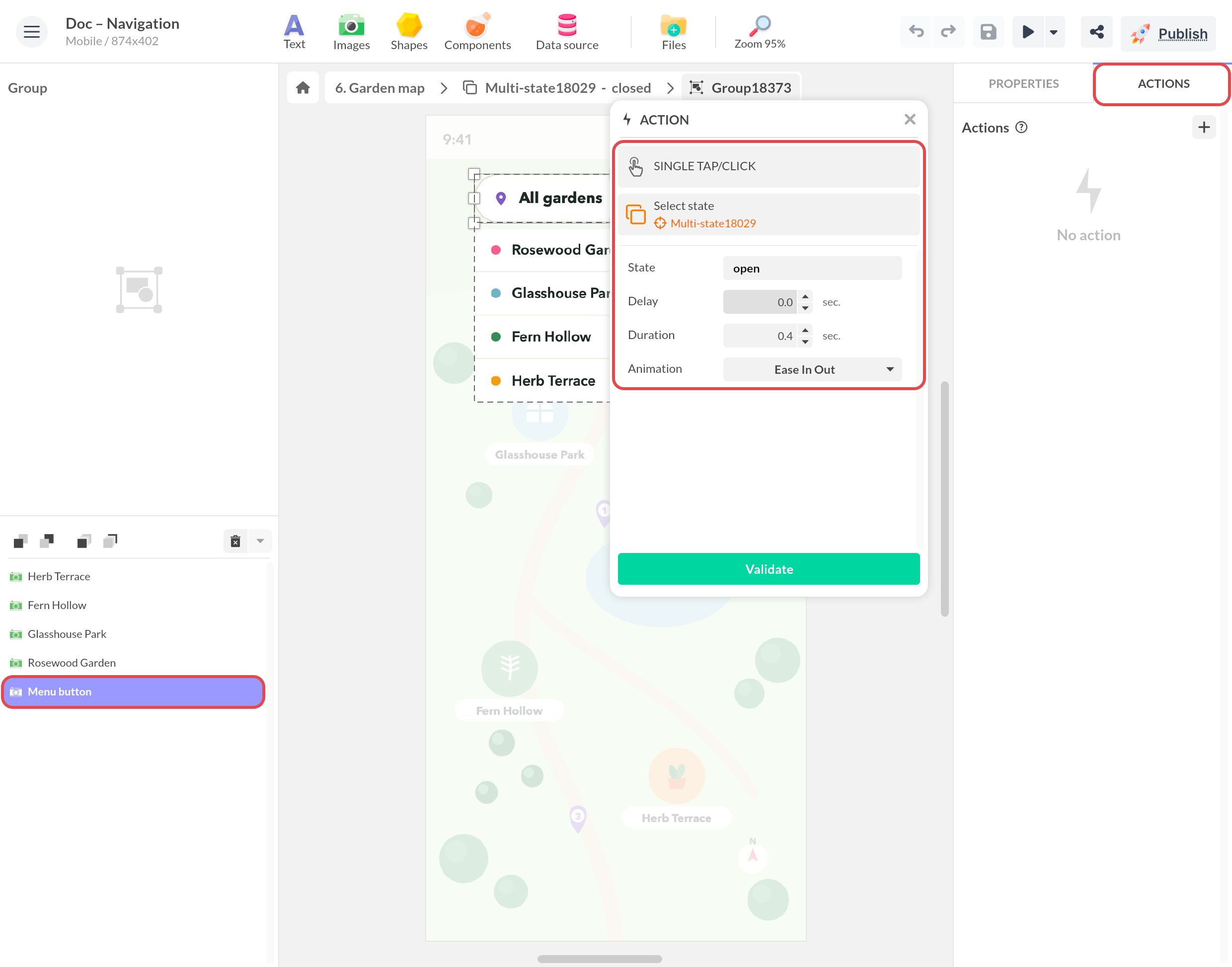 Action window of the Menu button in state 1: on Single tap/click, Select state takes Multi-state18029 to the “open” state in 0.4 s