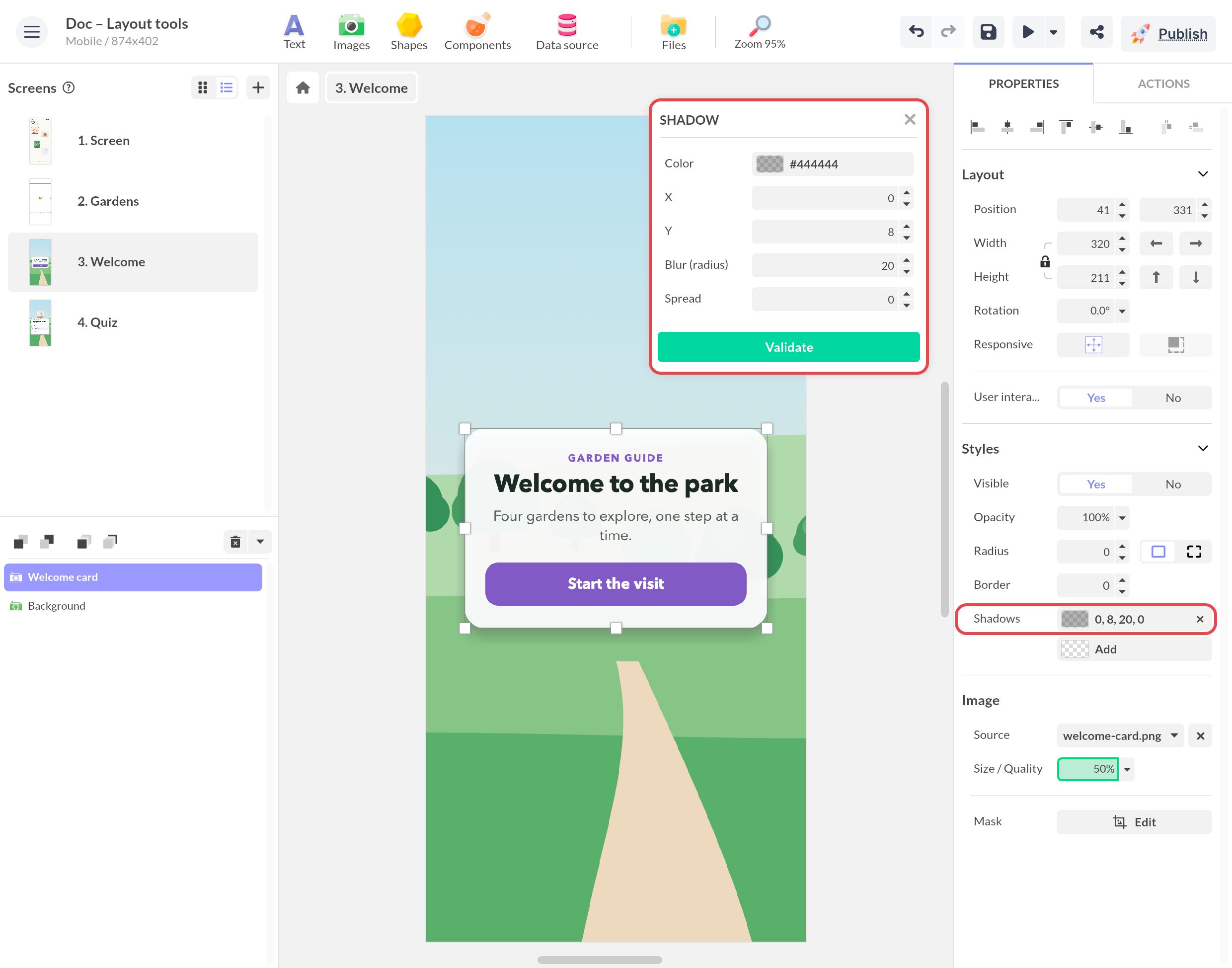 Shadow window of the Welcome card: Color, X, Y, Blur (radius) and Spread, with the shadow row 0, 8, 20, 0 under Styles