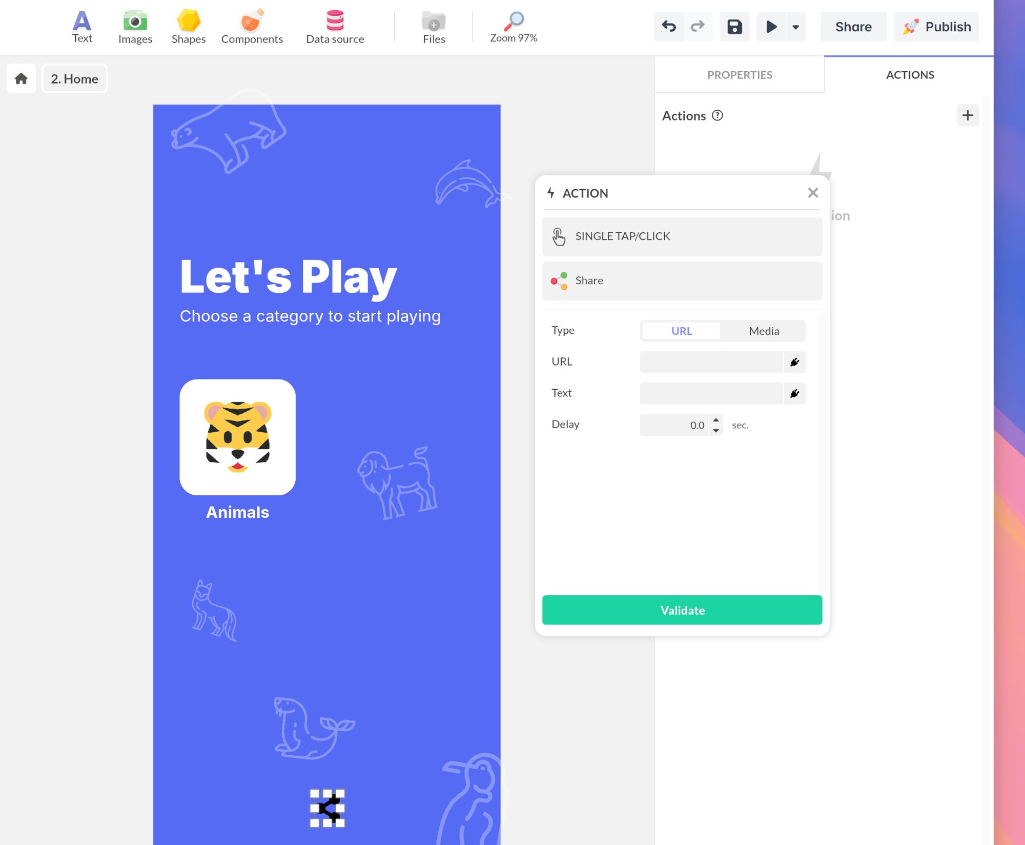 Action Partager configurée avec une URL
