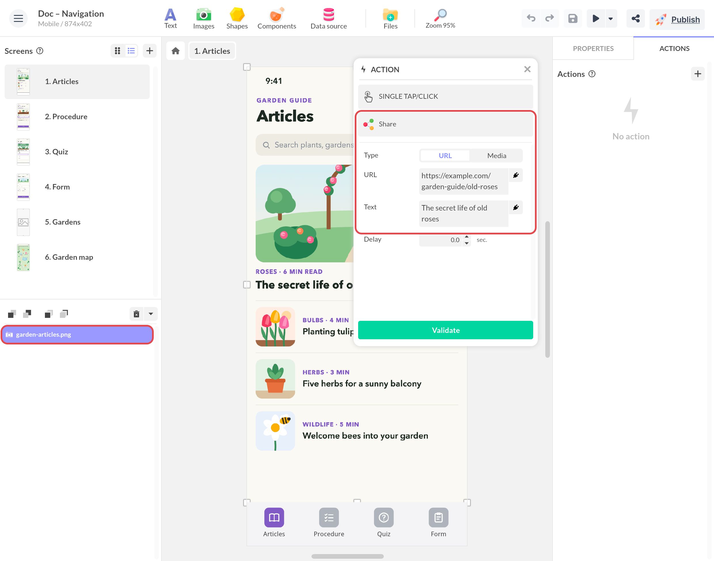 Action Partager sur l'image d'un article : type URL ou Média, champs URL et Texte renseignés, et délai