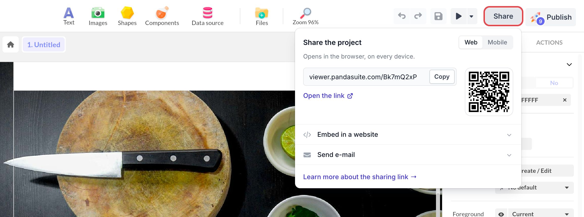 Share the project window open under the framed Share button of the Studio: Web link, Copy button, QR code, Embed in a website and Send e-mail