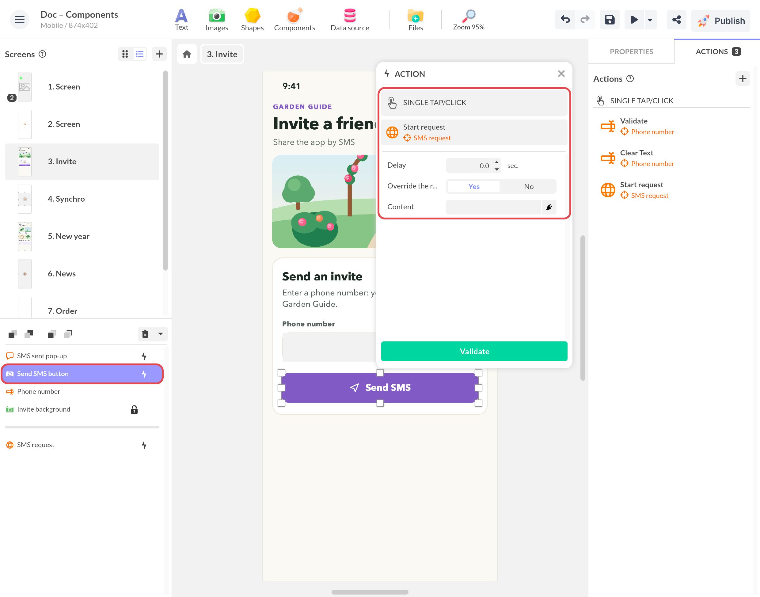 Action du bouton Send SMS : au tape clic, Lancer la requête sur le composant HTTP, avec Remplacer la requête et le contenu à envoyer