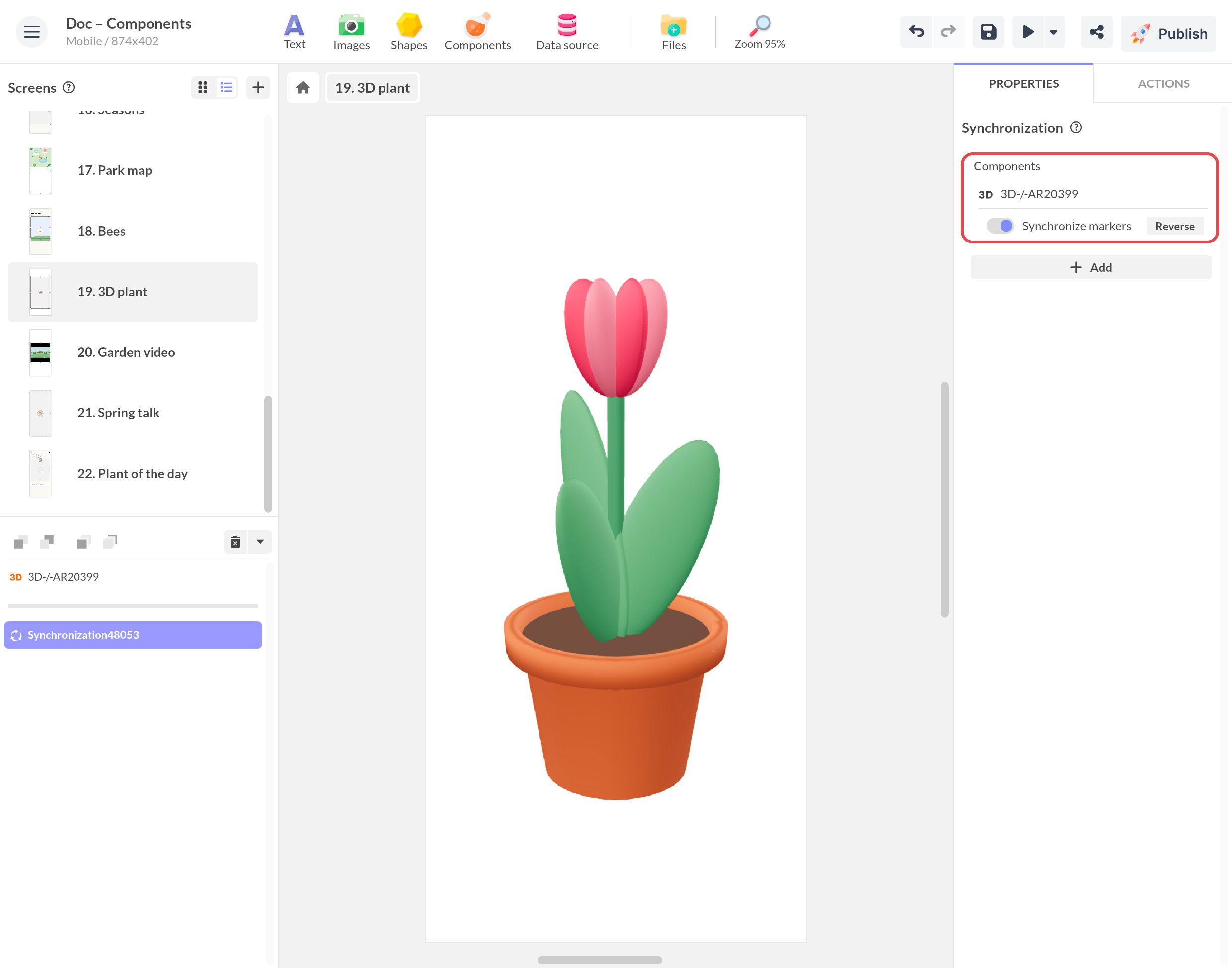 Synchronization properties next to a 3D tulip: the 3D / AR component is added with Synchronize markers on, framed, above + Add