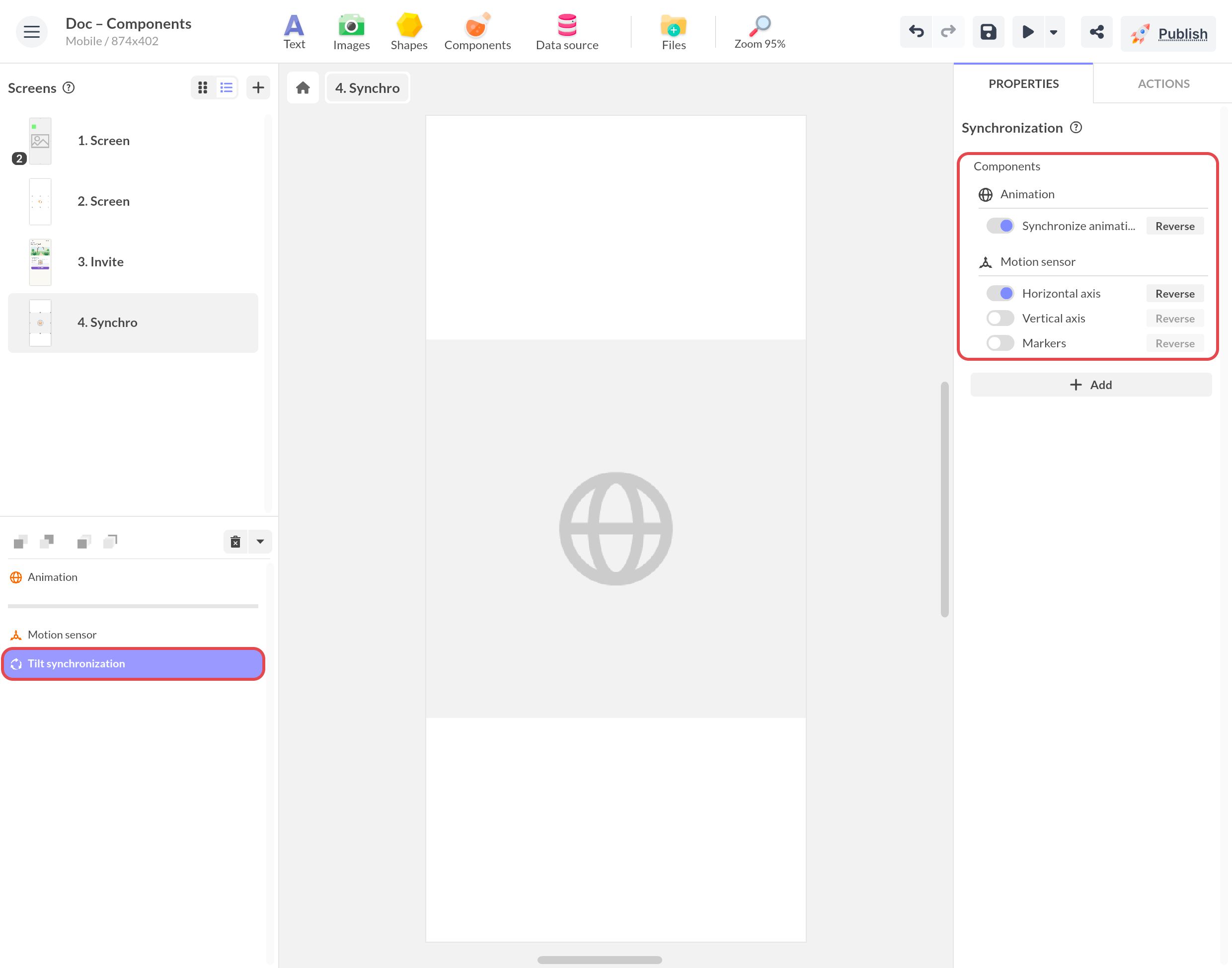 Synchronisation sélectionnée : ses composants sont le composant Web synchro.zip, synchronisé, et le capteur sur son axe horizontal