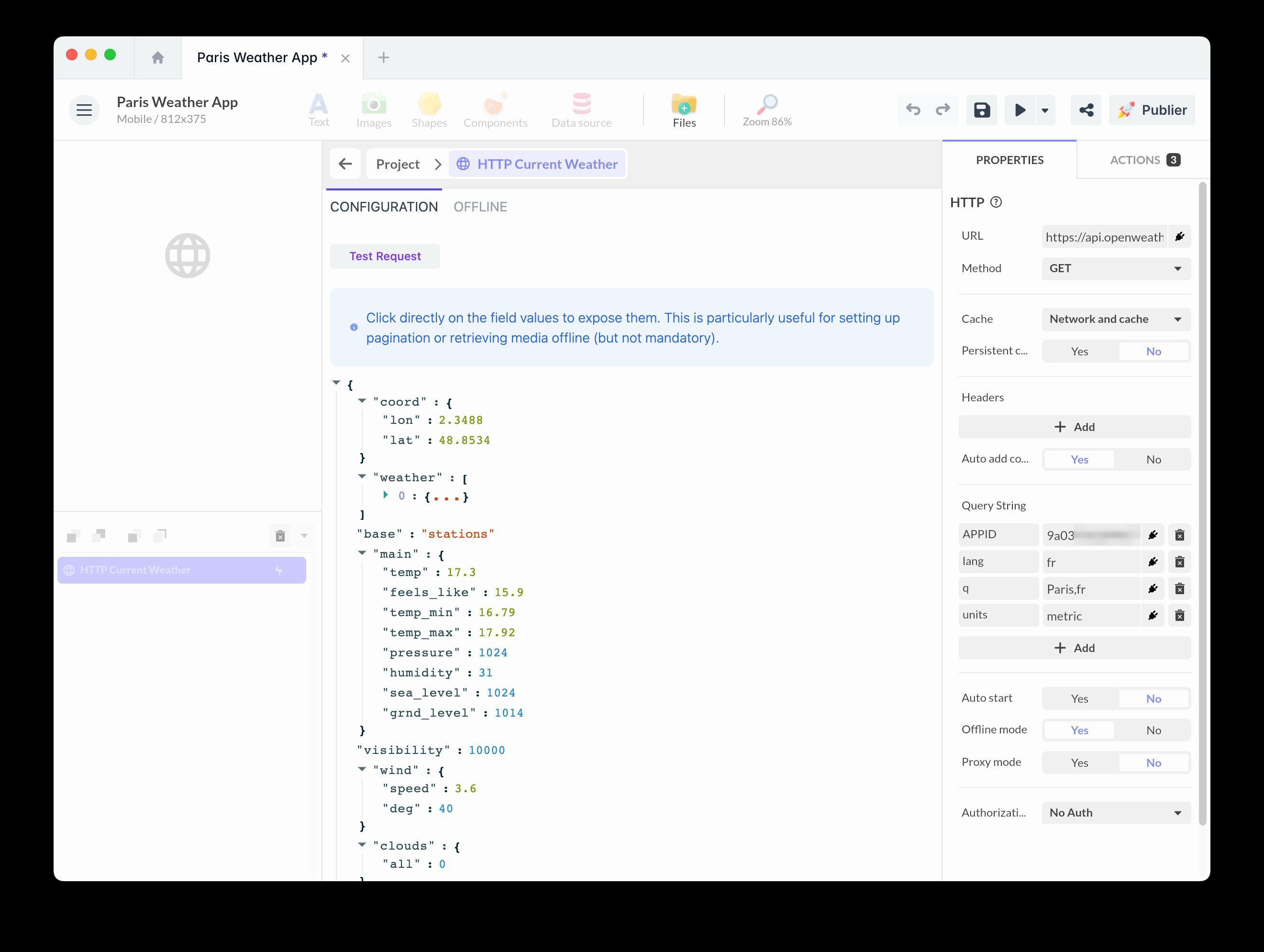 Test de la requête l'API Openweather dans le composant HTTP de PandaSuite