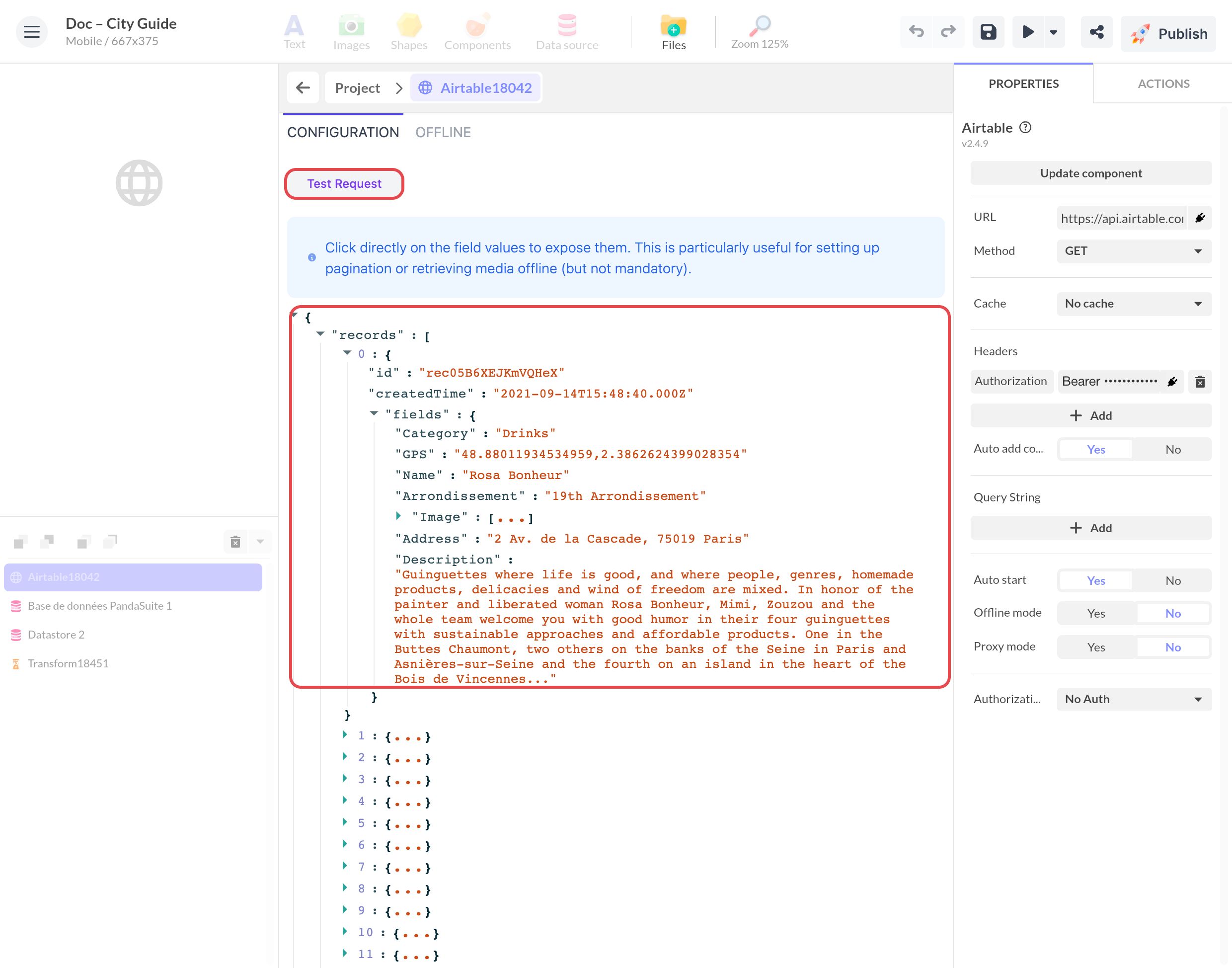 Component connected to Airtable after Test Request: the JSON returned by Airtable, with the first record and its fields, framed; token masked