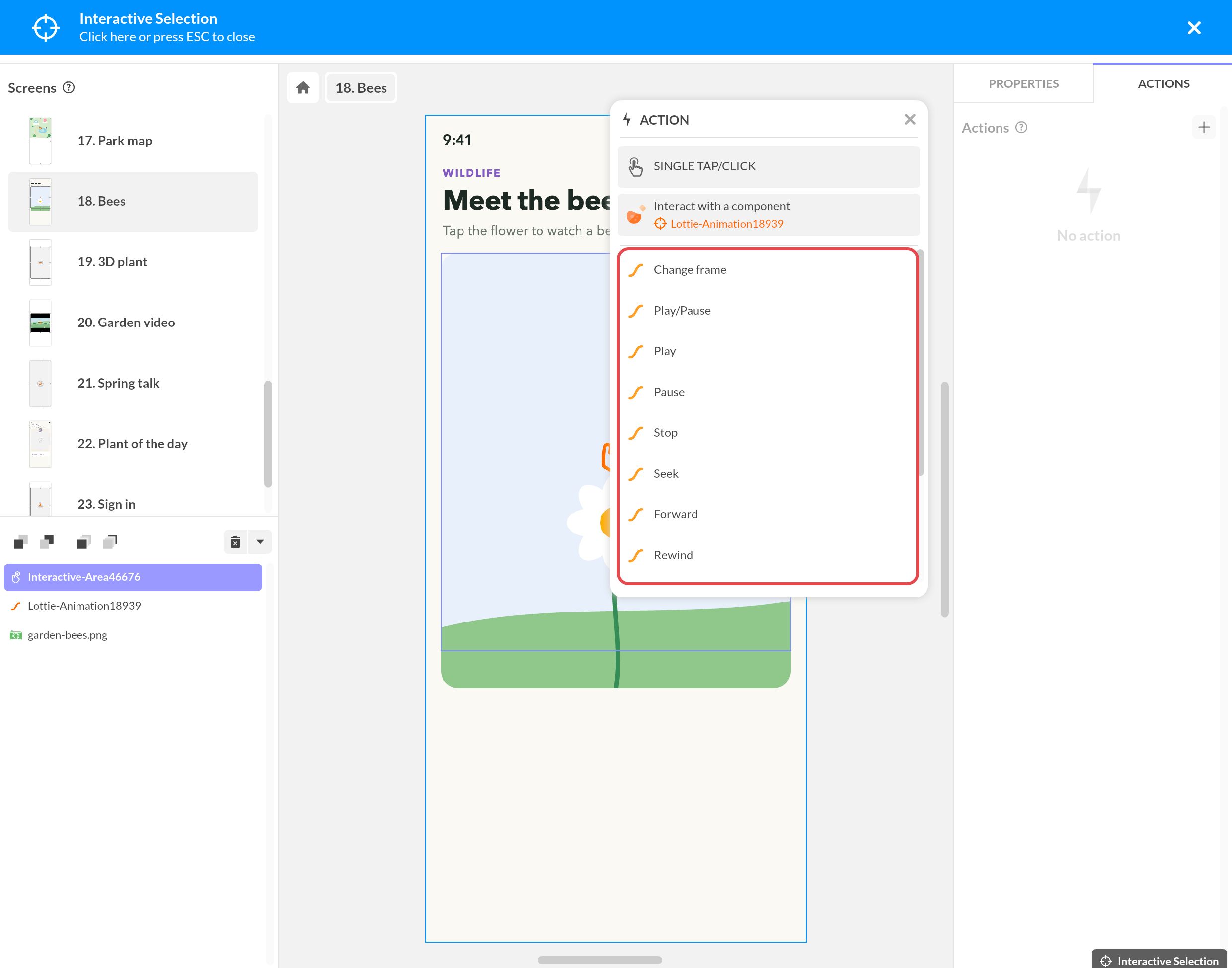 Interact with a component on the bee Lottie animation: its actions, from Change frame to Rewind, framed